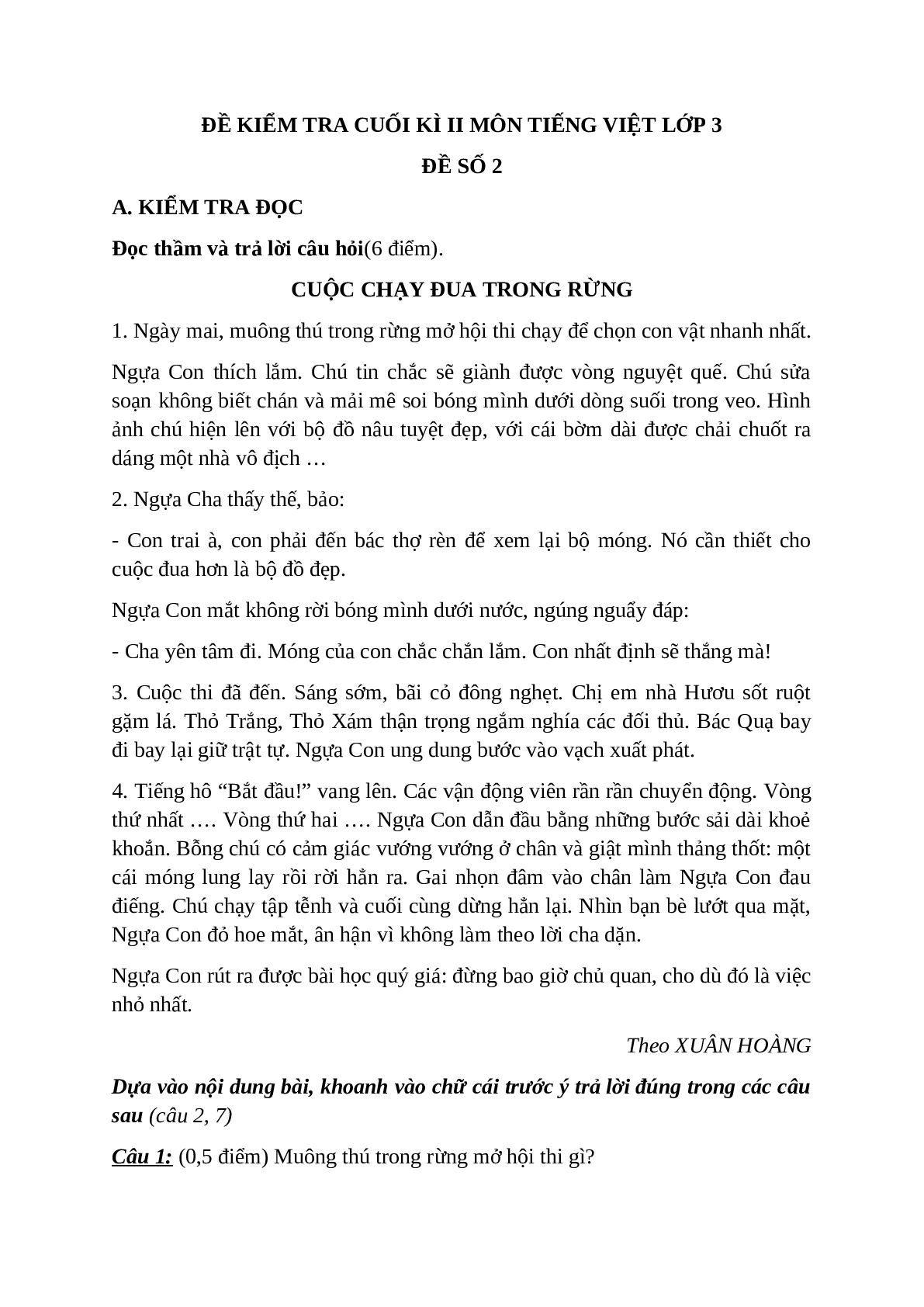 Đề kiểm tra cuối kì 2 môn Tiếng Việt lớp 3 có đáp án - đề số 2 (trang 1)