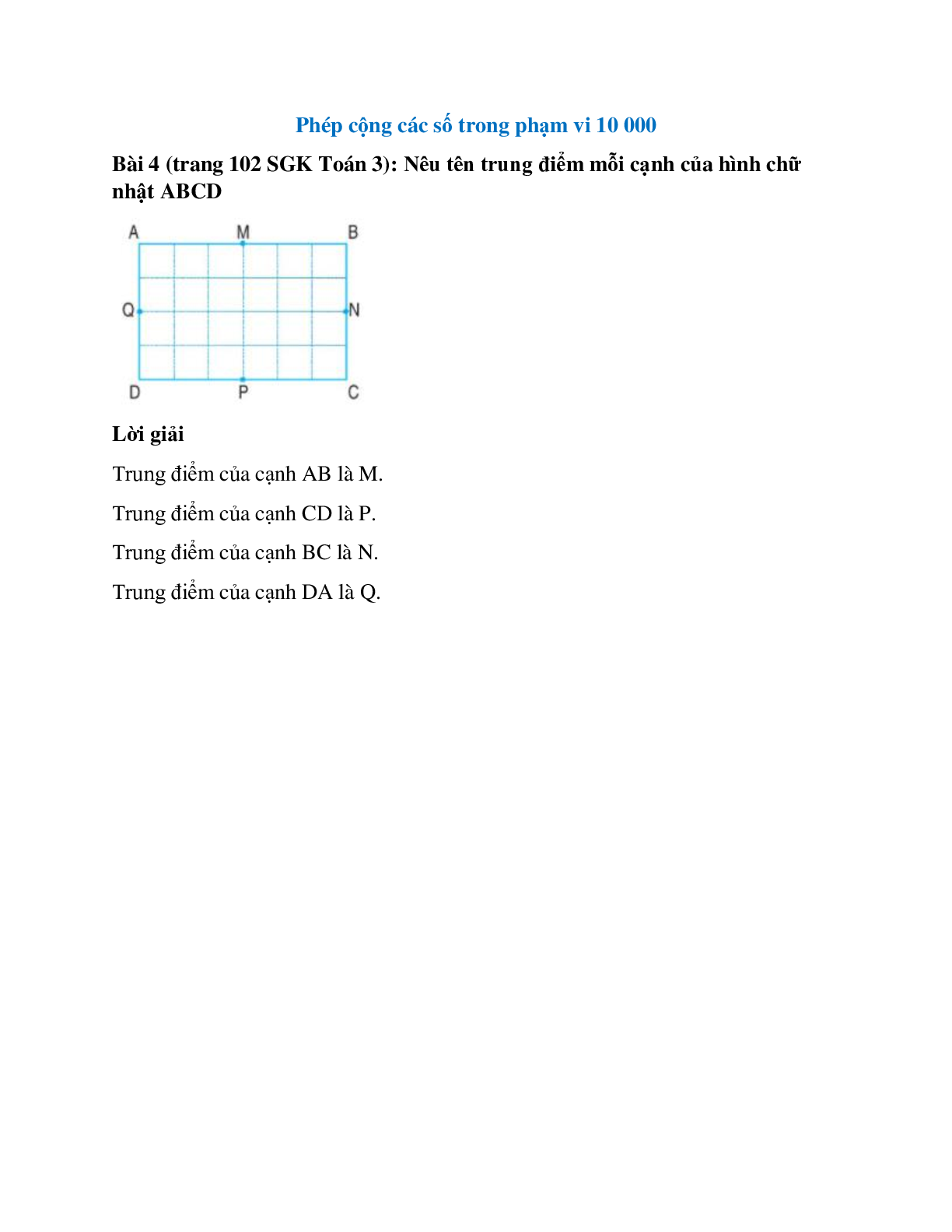 Nêu tên trung điểm mỗi cạnh của hình chữ nhật ABCD (trang 1)