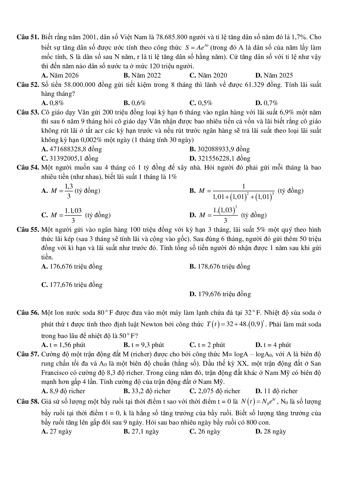 100 câu trắc nghiệm Bài toán ứng dụng thực tế (trang 8)