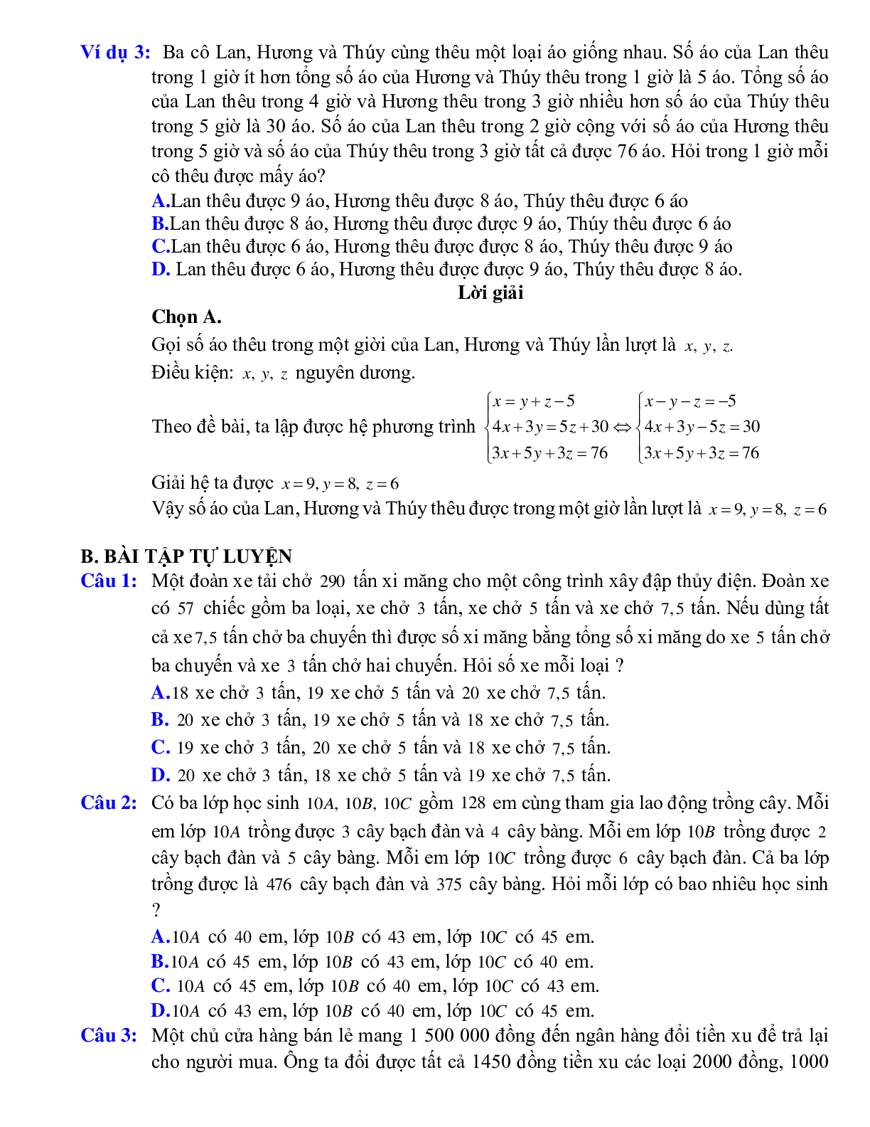 Giải bài toán bằng cách lập hệ phương trình bậc nhất ba ẩn (trang 2)