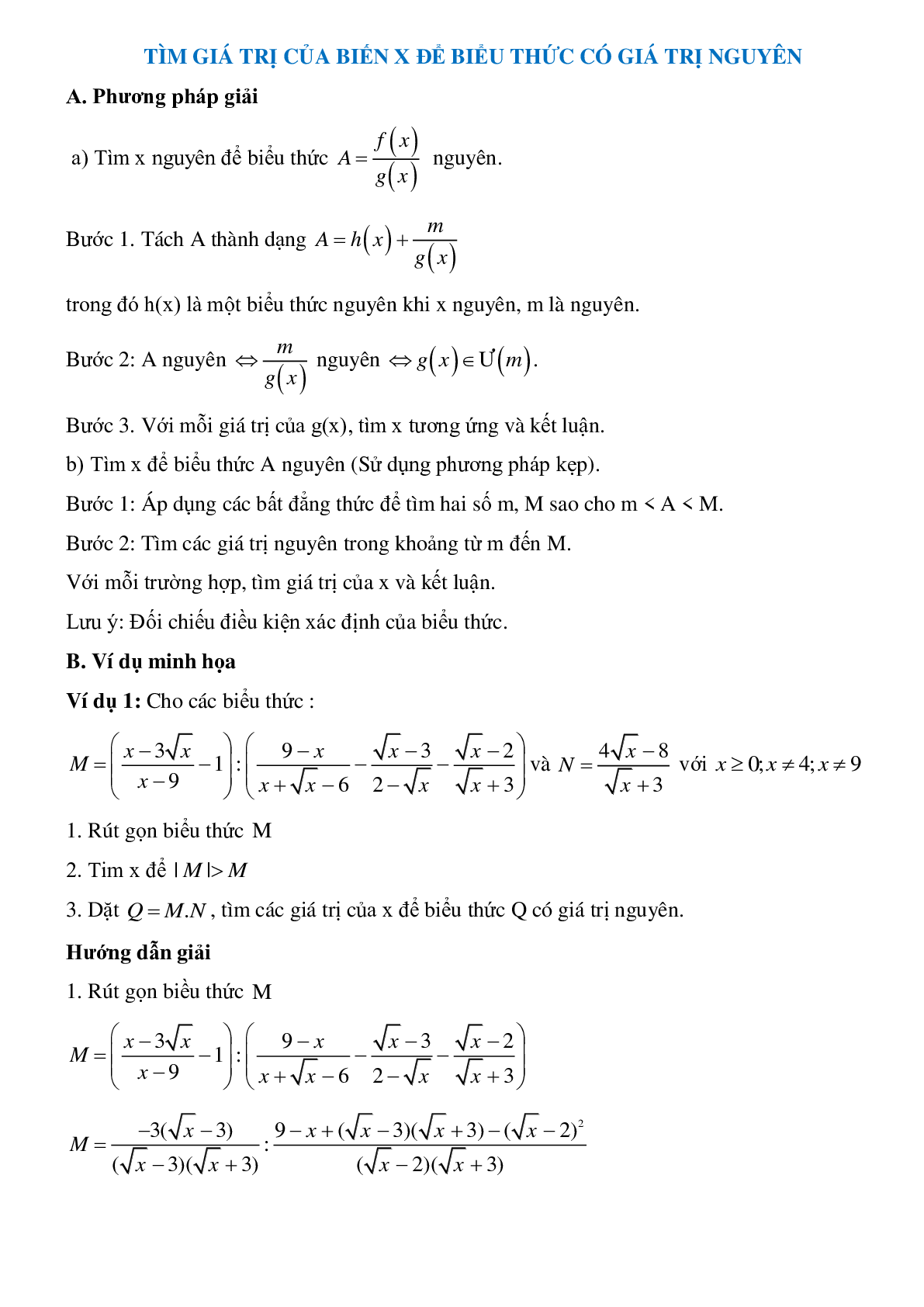 Phương pháp giải tìm x để biểu thức đạt giá trị nguyên chọn lọc (trang 1)