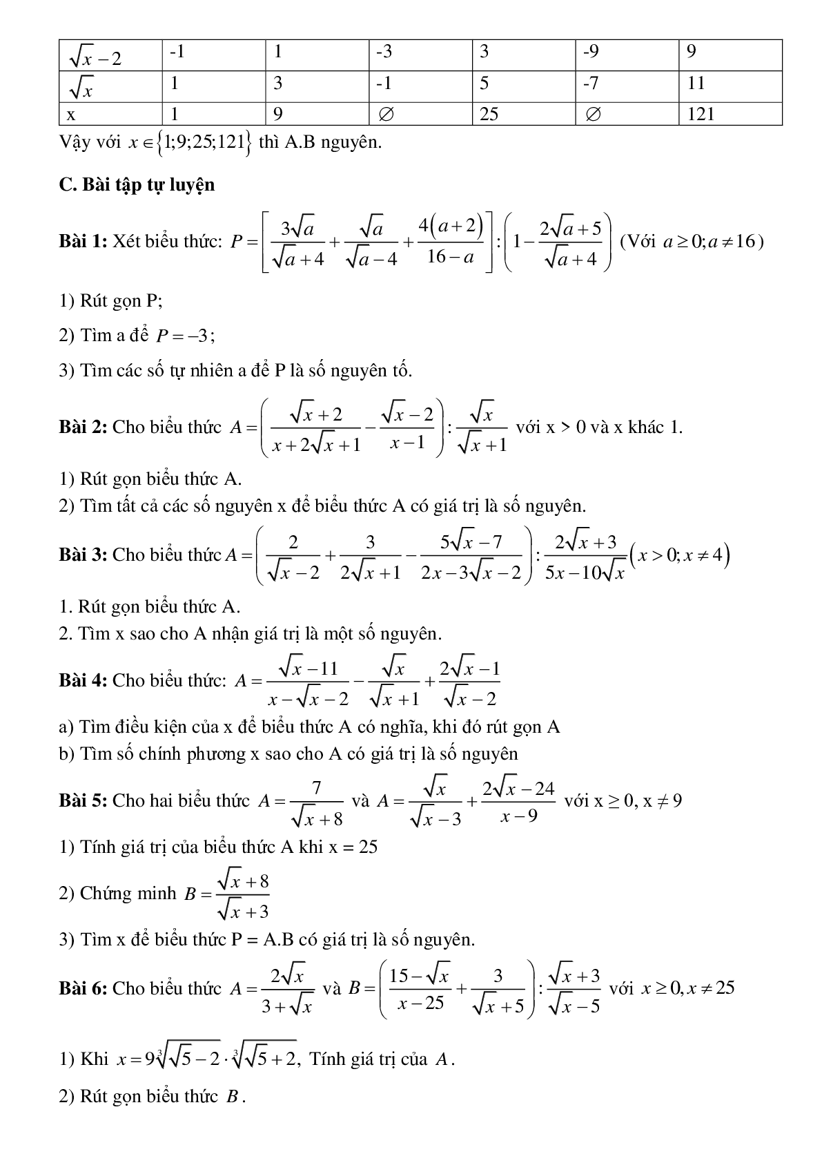 Phương pháp giải tìm x để biểu thức đạt giá trị nguyên chọn lọc (trang 5)