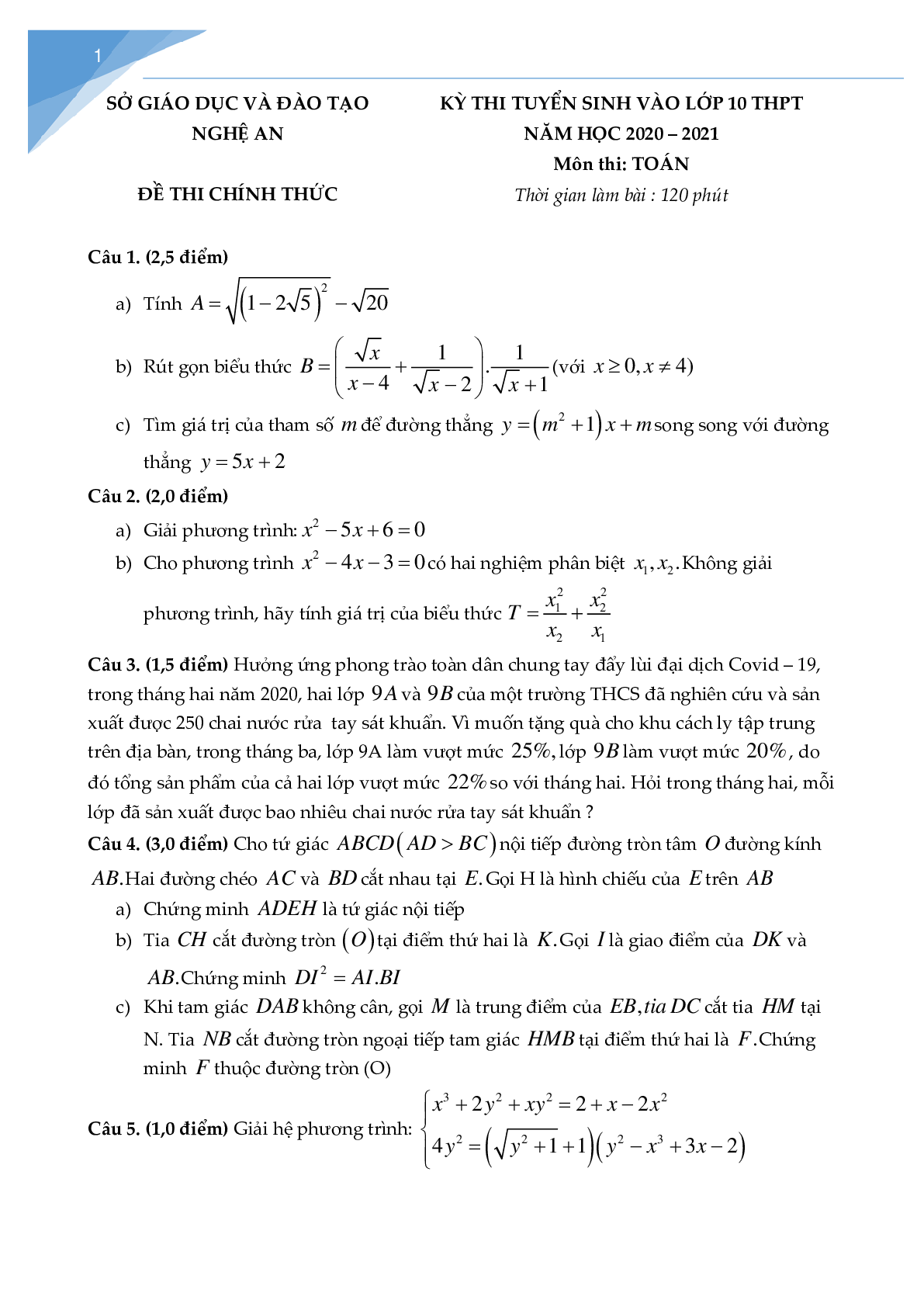 Tuyển tập đề vào 10 môn toán tỉnh nghệ an hệ đại trà (trang 1)
