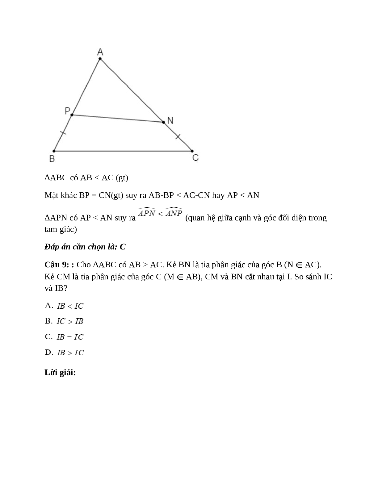 Trắc nghiệm Quan hệ giữa góc và cạnh đối diện trong một tam giác có đáp án – Toán lớp 7 (trang 10)
