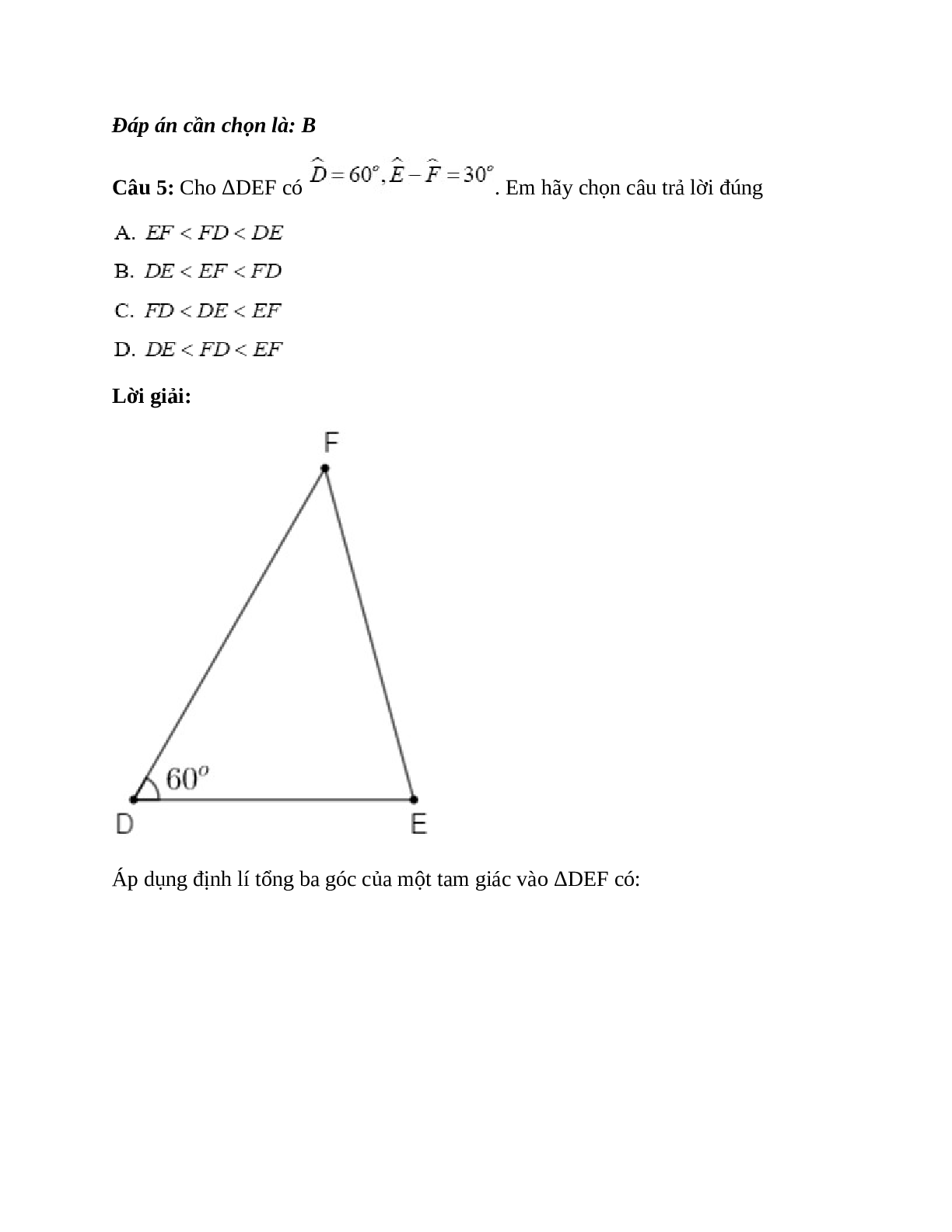 Trắc nghiệm Quan hệ giữa góc và cạnh đối diện trong một tam giác có đáp án – Toán lớp 7 (trang 5)