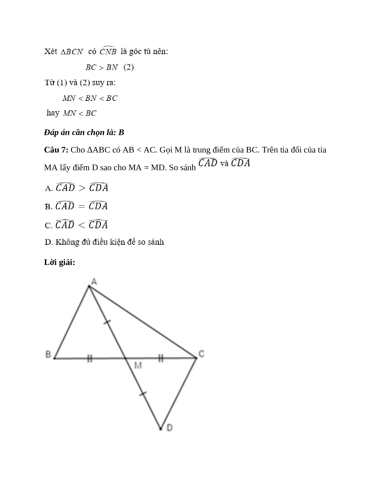 Trắc nghiệm Quan hệ giữa góc và cạnh đối diện trong một tam giác có đáp án – Toán lớp 7 (trang 8)