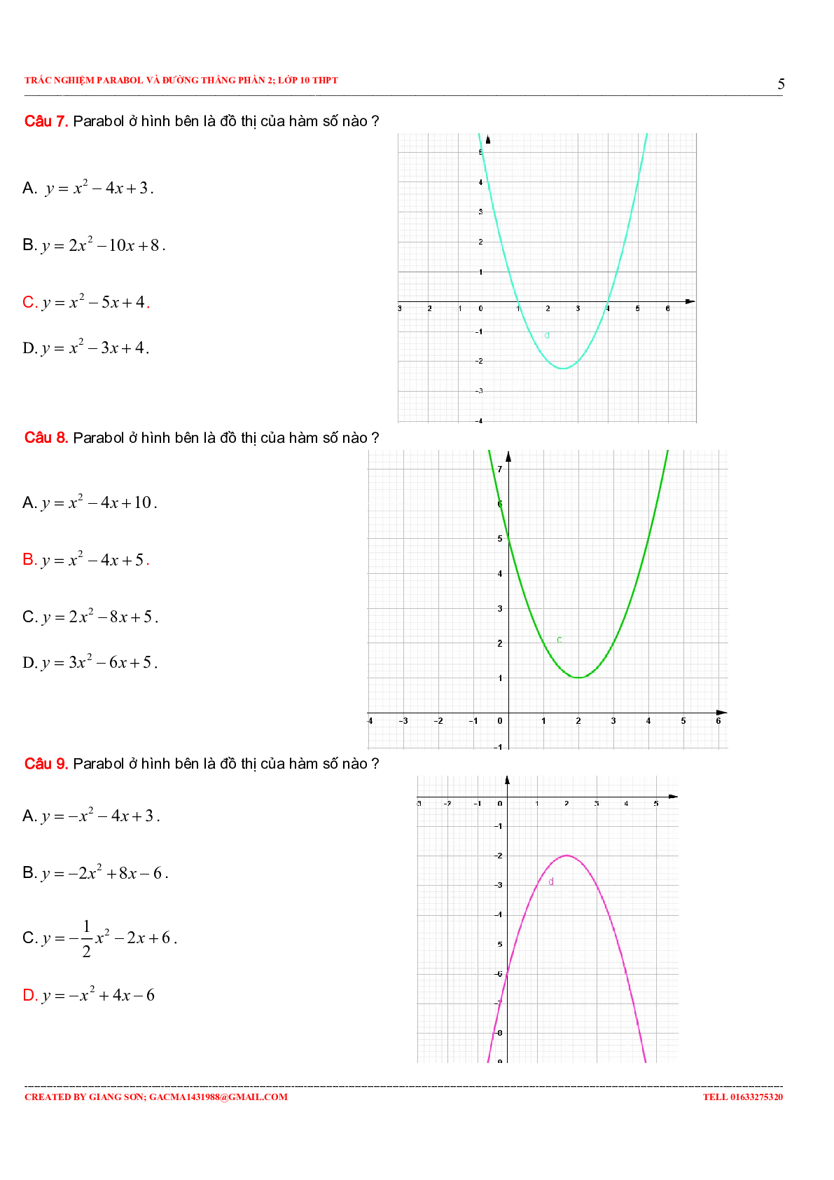 Tuyển Tập Bài Toán Trắc Nghiệm Parabol Và Đường Thẳng Phần 2 Môn Toán Lớp 10 (trang 5)