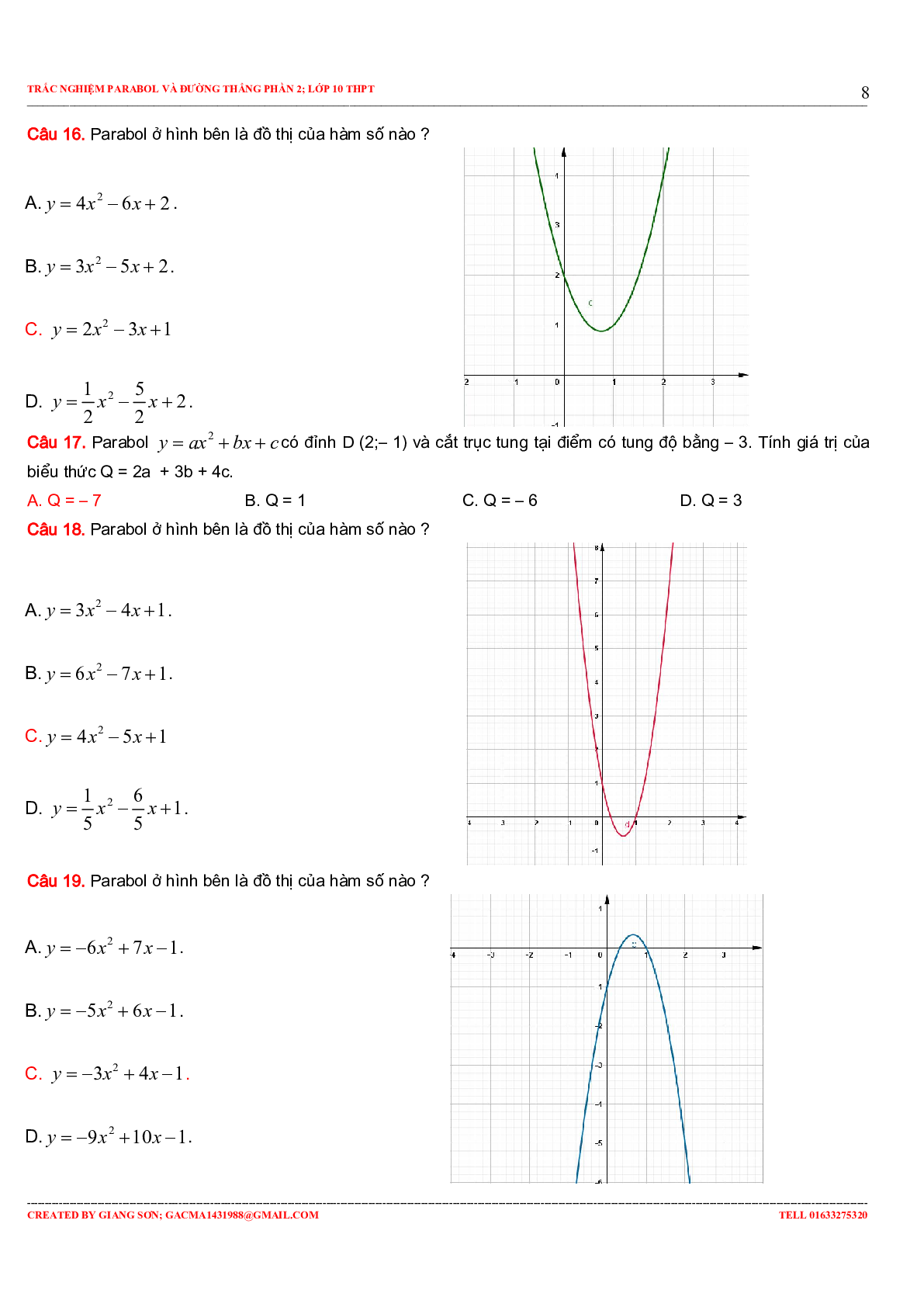 Tuyển Tập Bài Toán Trắc Nghiệm Parabol Và Đường Thẳng Phần 2 Môn Toán Lớp 10 (trang 8)