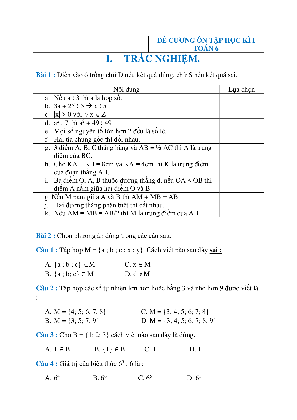 Đề cương ôn tập học kì 1 Toán 6 THCS Ngô Gia Tự năm học 2017 - 2018 (trang 1)