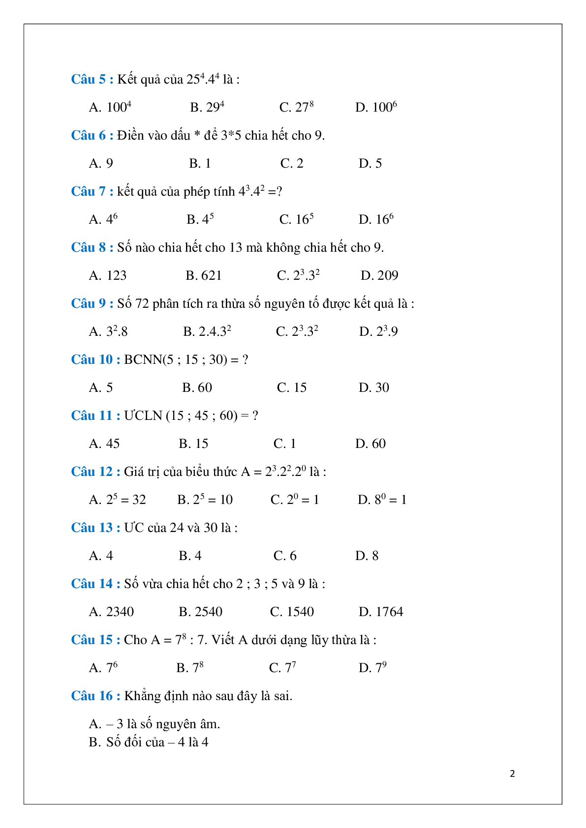 Đề cương ôn tập học kì 1 Toán 6 THCS Ngô Gia Tự năm học 2017 - 2018 (trang 2)