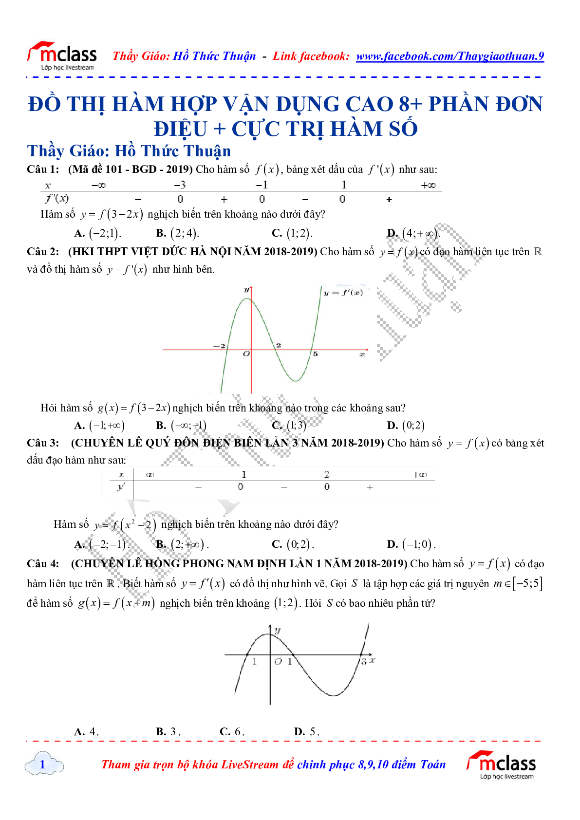 Tuyển chọn 22 câu trắc nghiệm ôn tập đồ thị hàm hợp vận dụng cao 8+, phần đơn điệu và cực trị hàm số (trang 1)