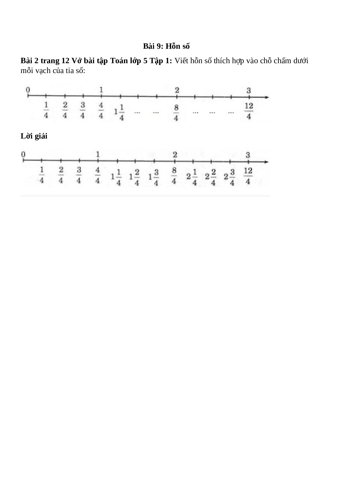 Viết hỗn số thích hợp vào chỗ chấm dưới mỗi vạch của tia số (trang 1)