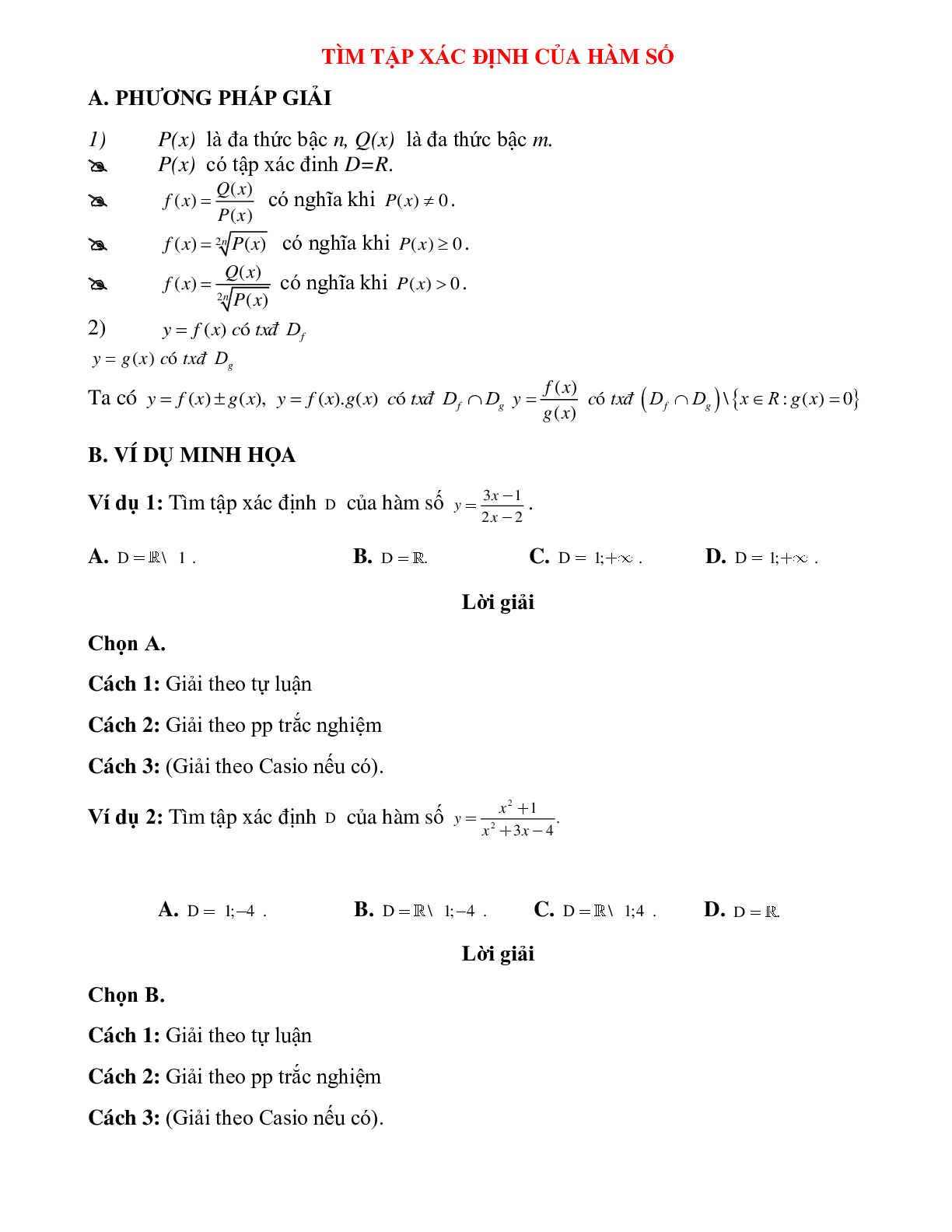 Bài tập tự luyện tìm tập xác định của hàm số Toán 10 (trang 1)