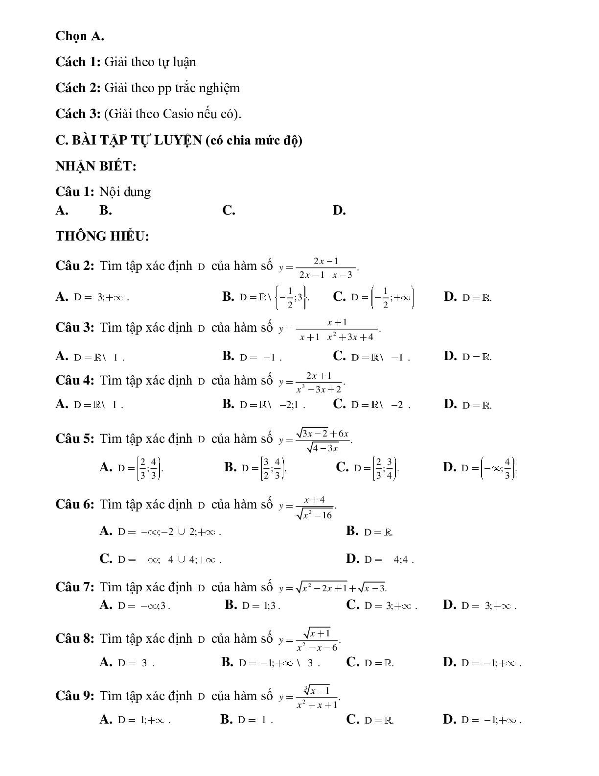 Bài tập tự luyện tìm tập xác định của hàm số Toán 10 (trang 5)