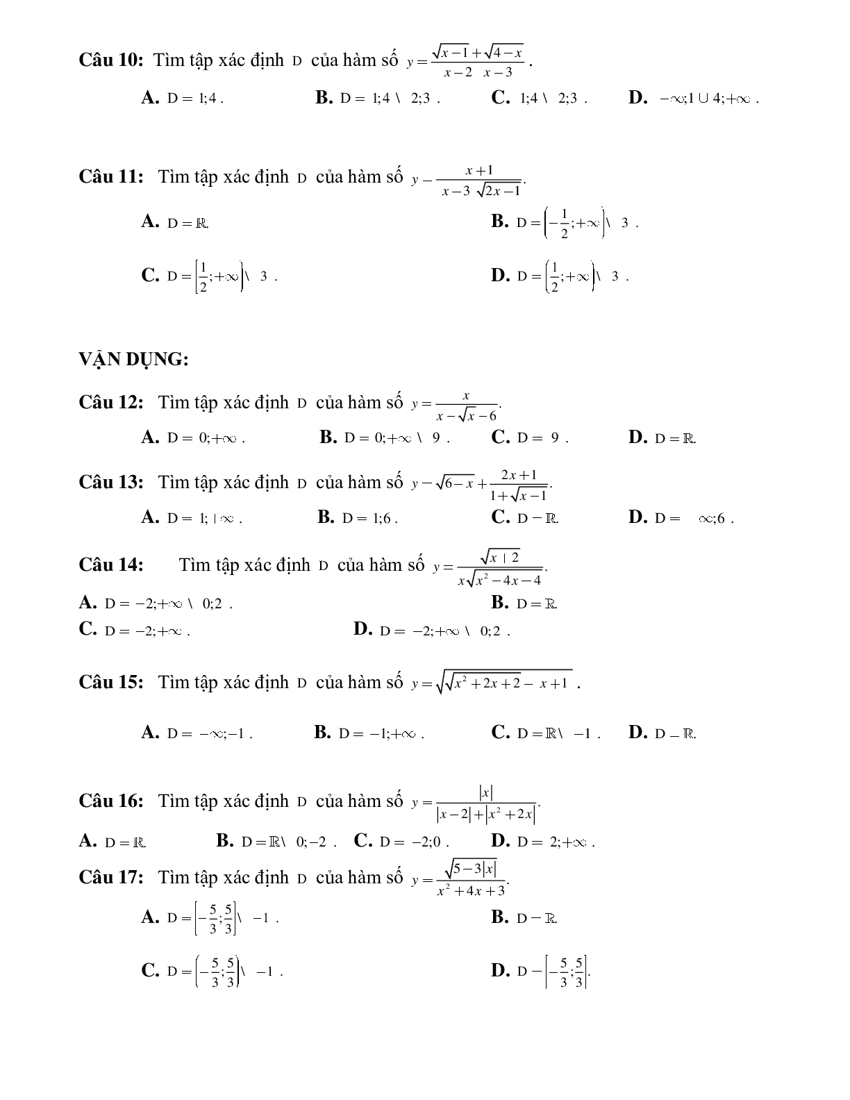 Bài tập tự luyện tìm tập xác định của hàm số Toán 10 (trang 6)