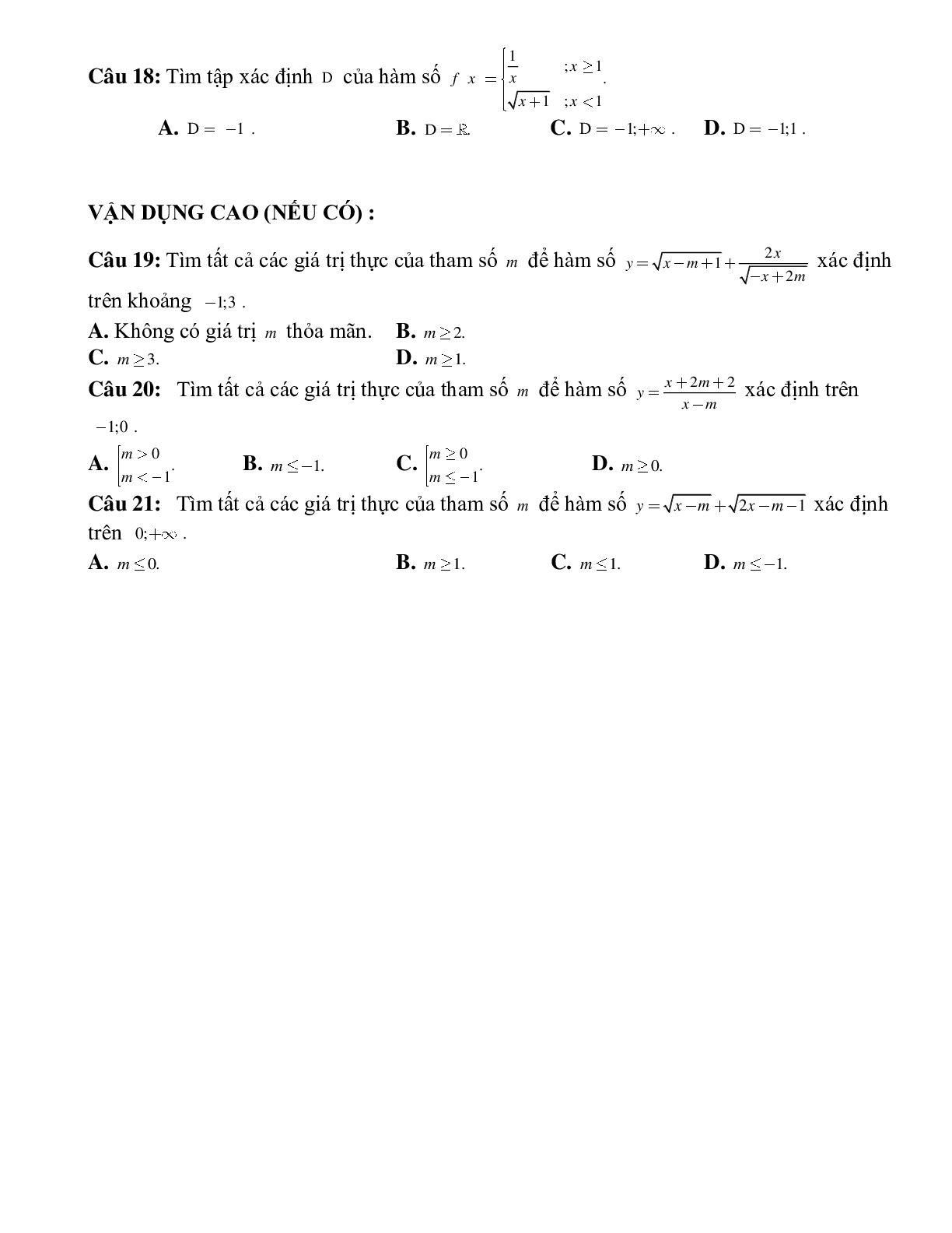 Bài tập tự luyện tìm tập xác định của hàm số Toán 10 (trang 7)