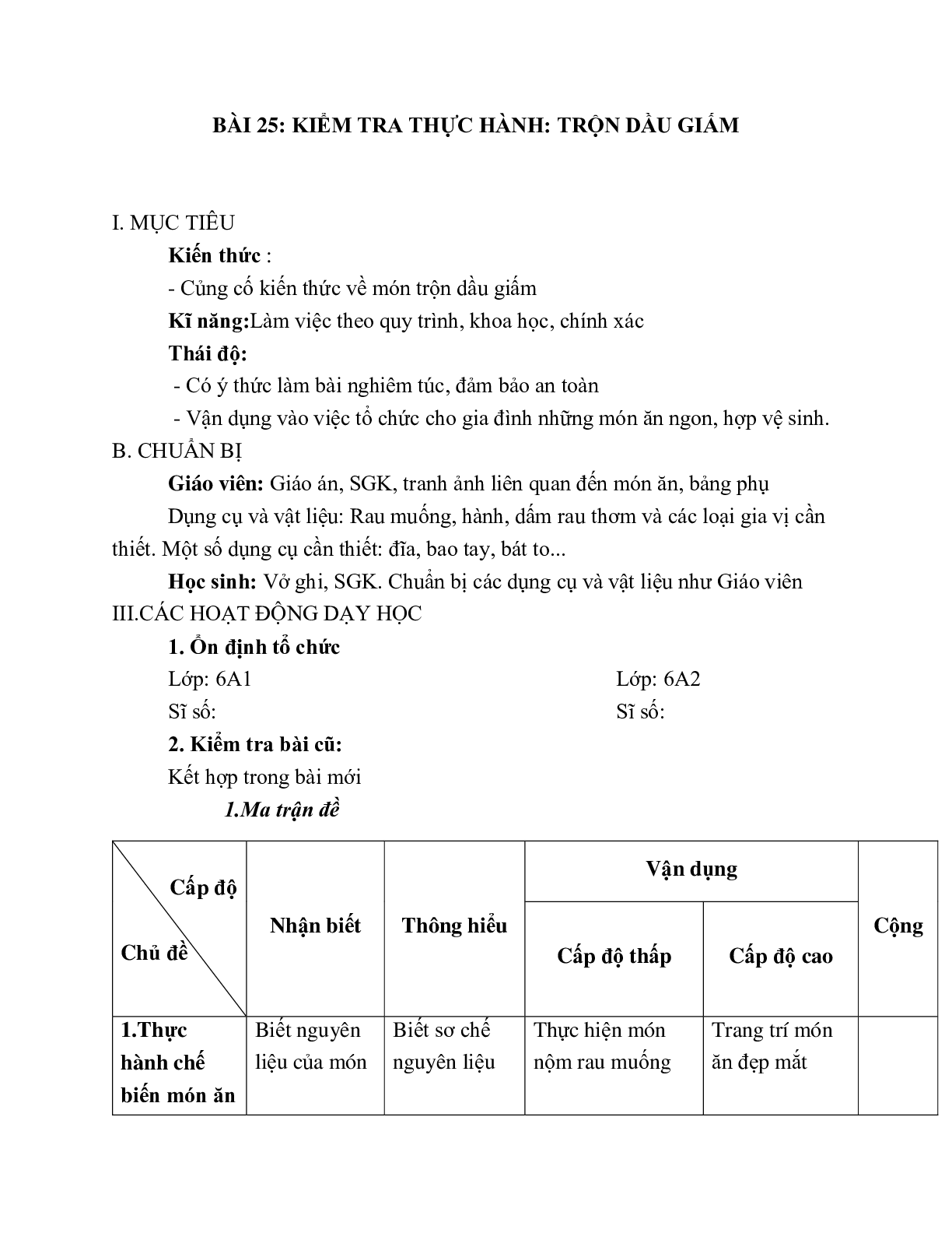 GIÁO ÁN CÔNG NGHỆ 6 BÀI 25: KIỂM TRA THỰC HÀNH: TRỘN DẦU GIẤM MỚI NHẤT – CV5512 (trang 1)