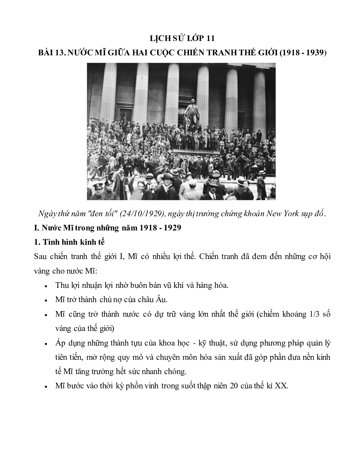 Lý thuyết Lịch sử 11: Bài 13:  Nước Mĩ giữa hai cuộc chiến tranh thế giới (1918 - 1939) mới nhất (trang 1)