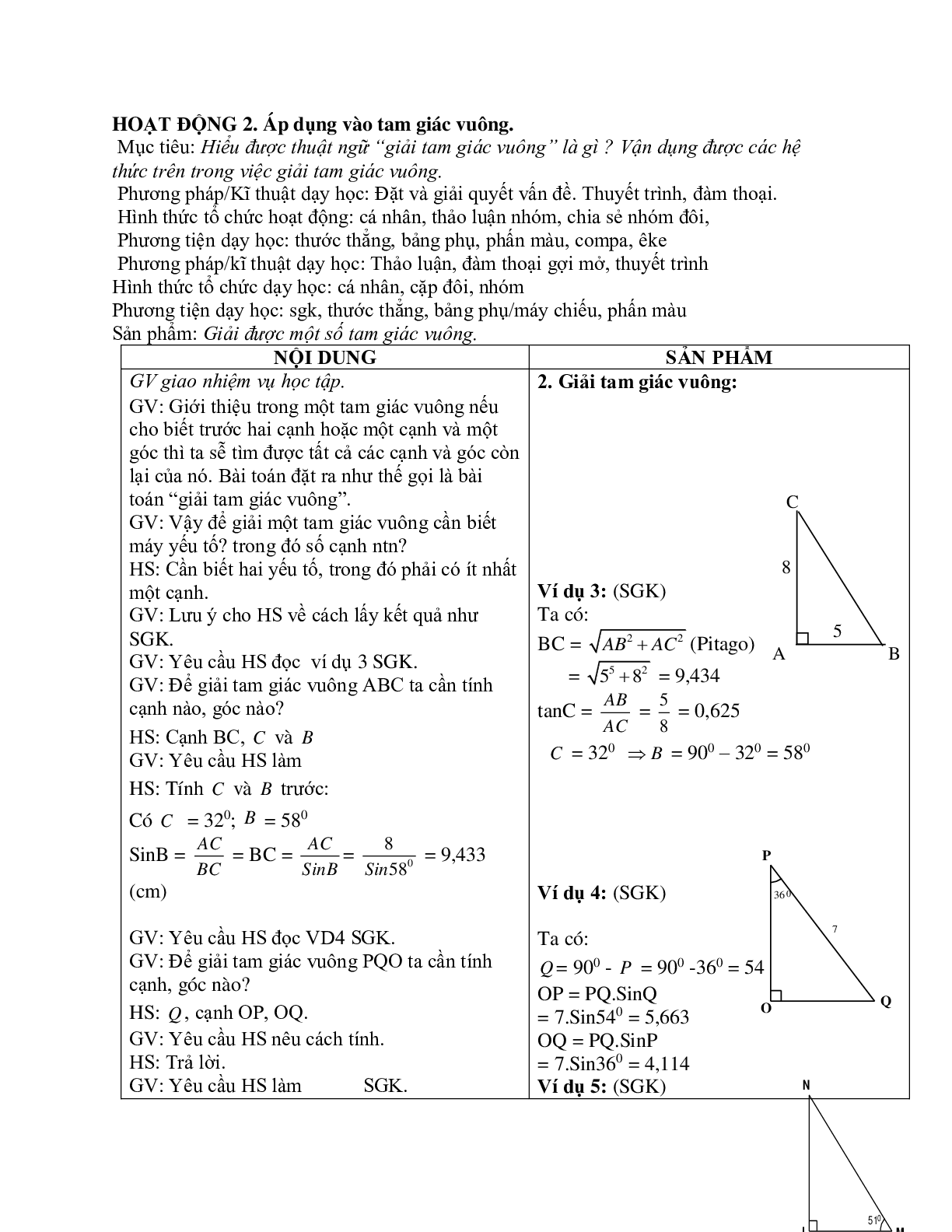 Giáo án Một số hệ thức về cạnh và góc trong tam giác vuông (2023) mới nhất - Toán 9 (trang 4)