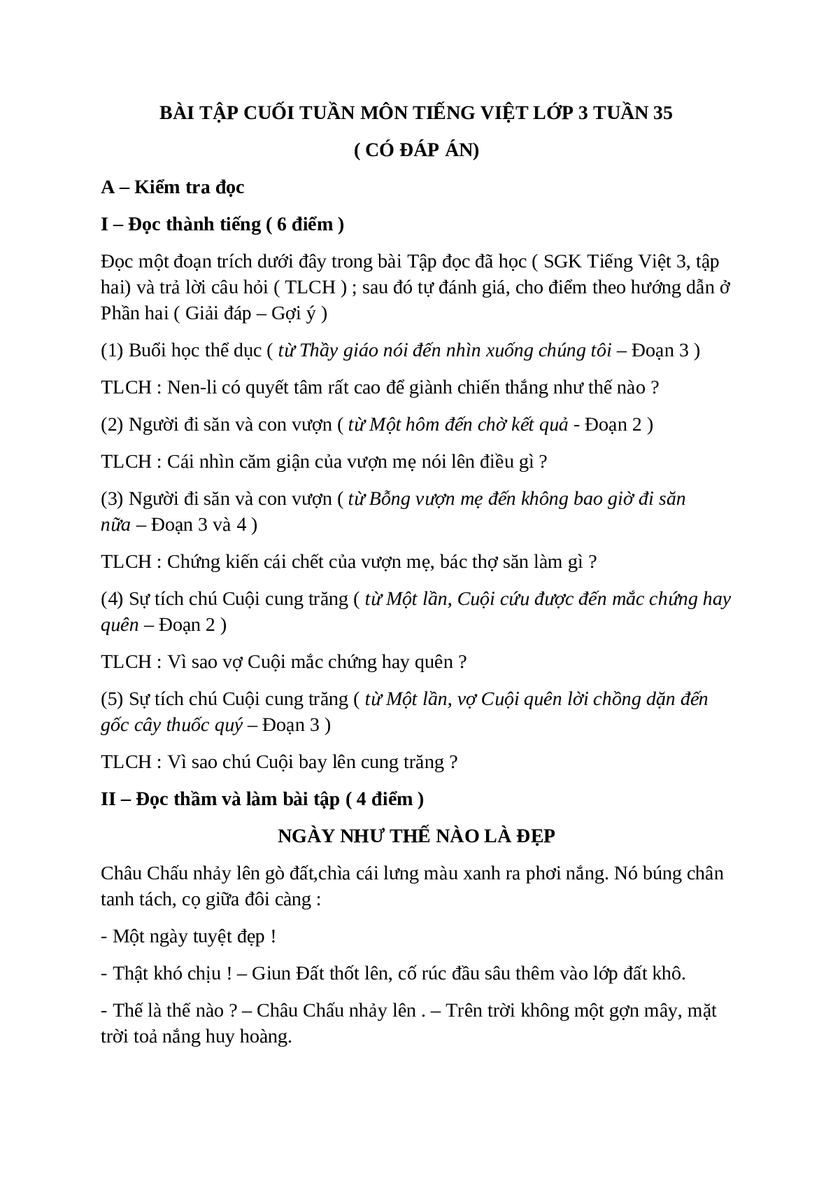 Bài tập cuối tuần môn Tiếng Việt lớp 3 tuần 35 có đáp án - đề 1 (trang 1)
