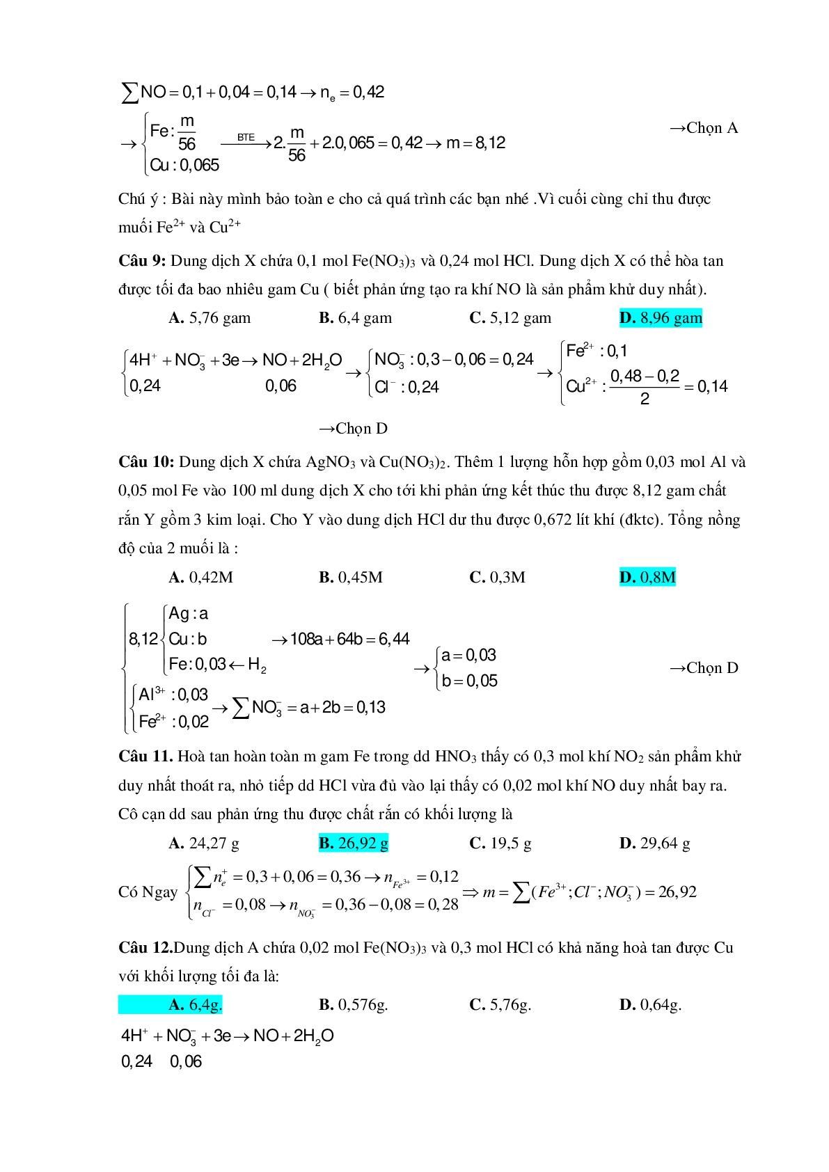 Bài tập về HNO3 vận dụng cao với phương pháp bảo toàn electron có đáp án (trang 4)
