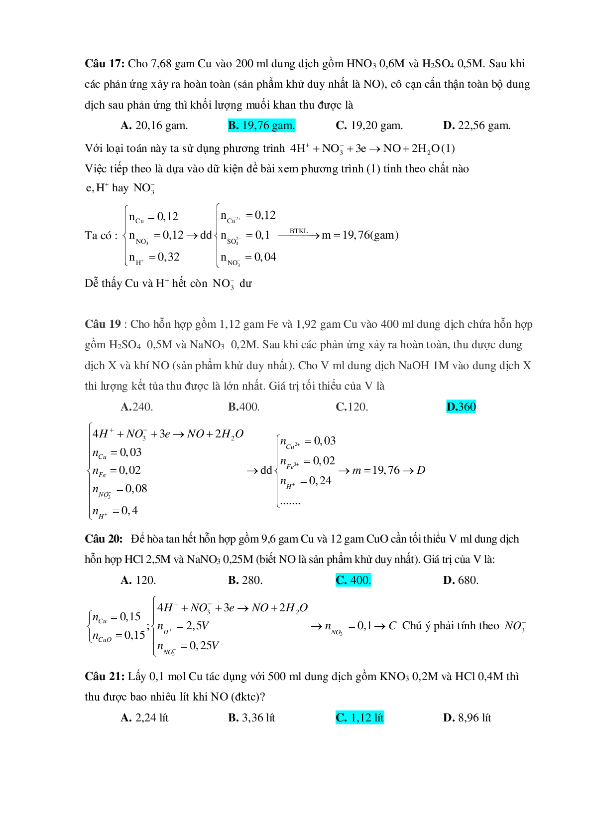 Bài tập về HNO3 vận dụng cao với phương pháp bảo toàn electron có đáp án (trang 6)