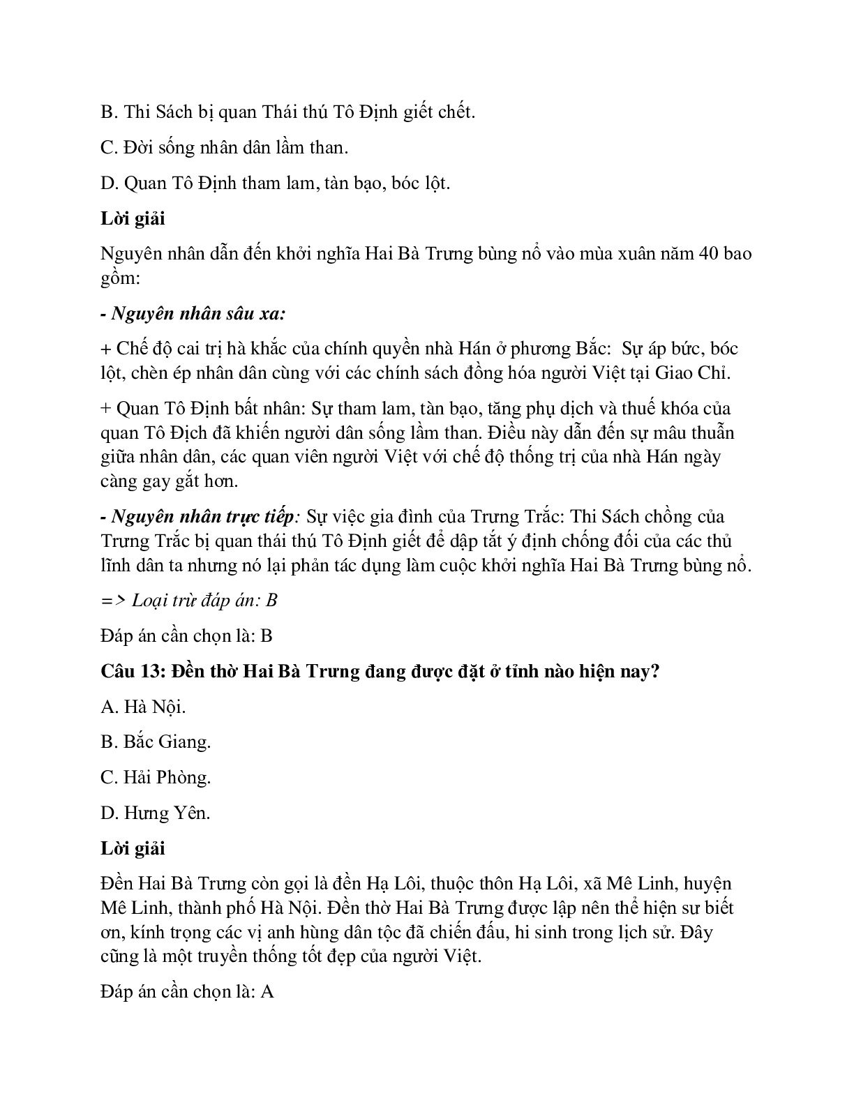 Trắc nghiệm Lịch sử 6 Bài 17 có đáp án: Bài tập Cuộc khởi nghĩa Hai Bà Trưng (năm 40) (trang 6)