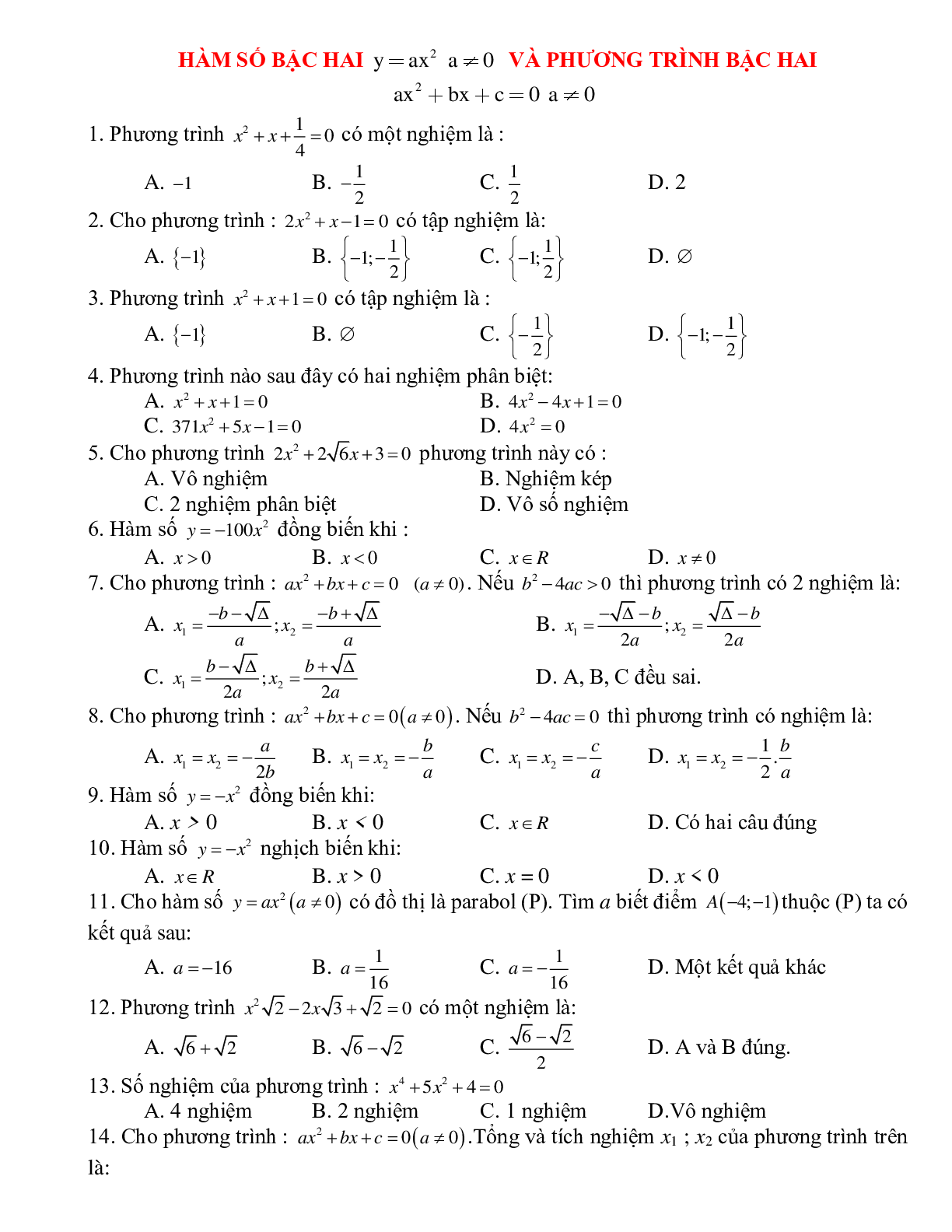 64 Bài tập trắc nghiệm Hàm số bậc hai và Phương trình bậc hai 2023 (trang 1)