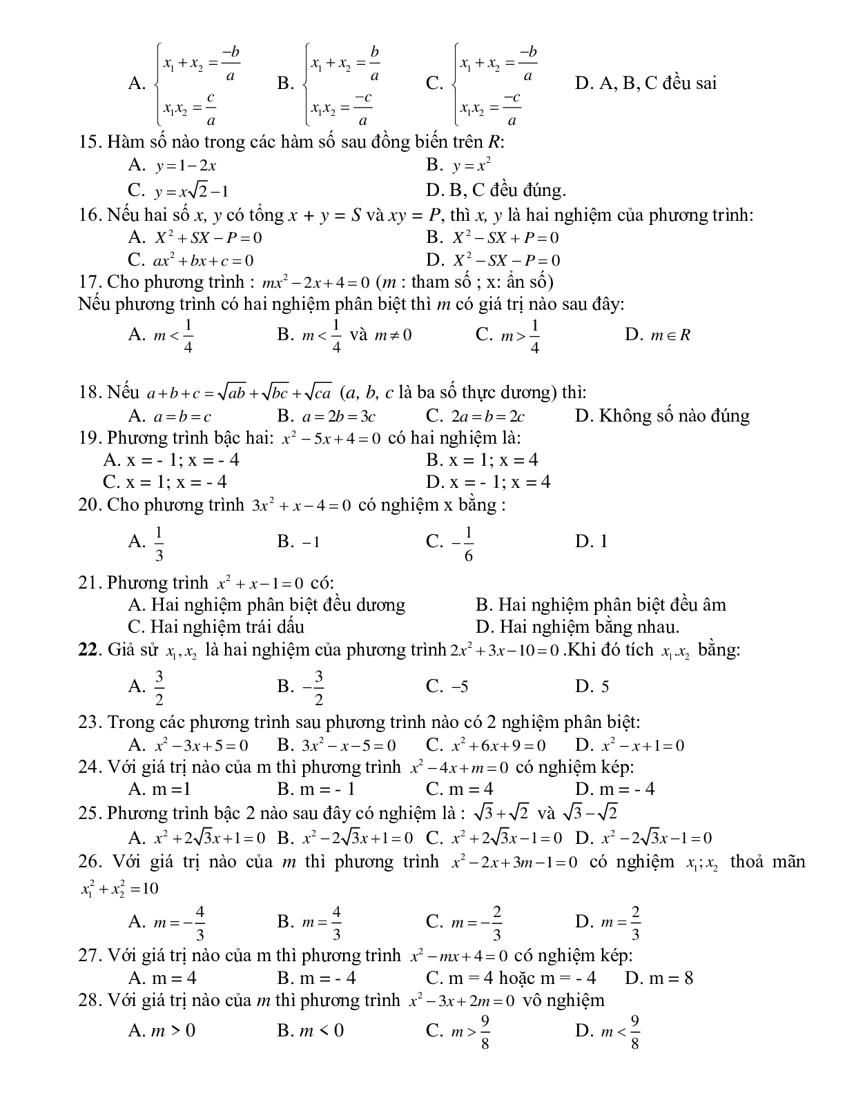 64 Bài tập trắc nghiệm Hàm số bậc hai và Phương trình bậc hai 2023 (trang 2)
