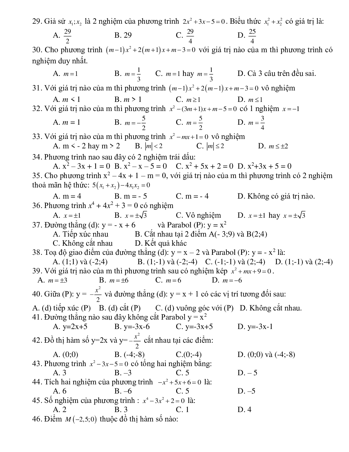 64 Bài tập trắc nghiệm Hàm số bậc hai và Phương trình bậc hai 2023 (trang 3)