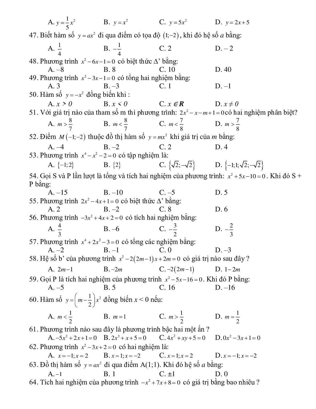64 Bài tập trắc nghiệm Hàm số bậc hai và Phương trình bậc hai 2023 (trang 4)