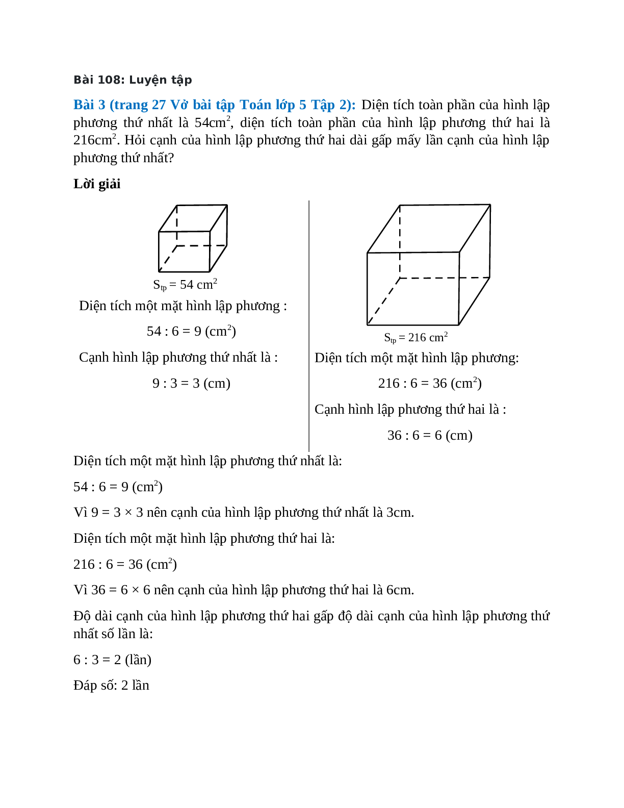 Diện tích toàn phần của hình lập phương thứ nhất là 54cm2 (trang 1)