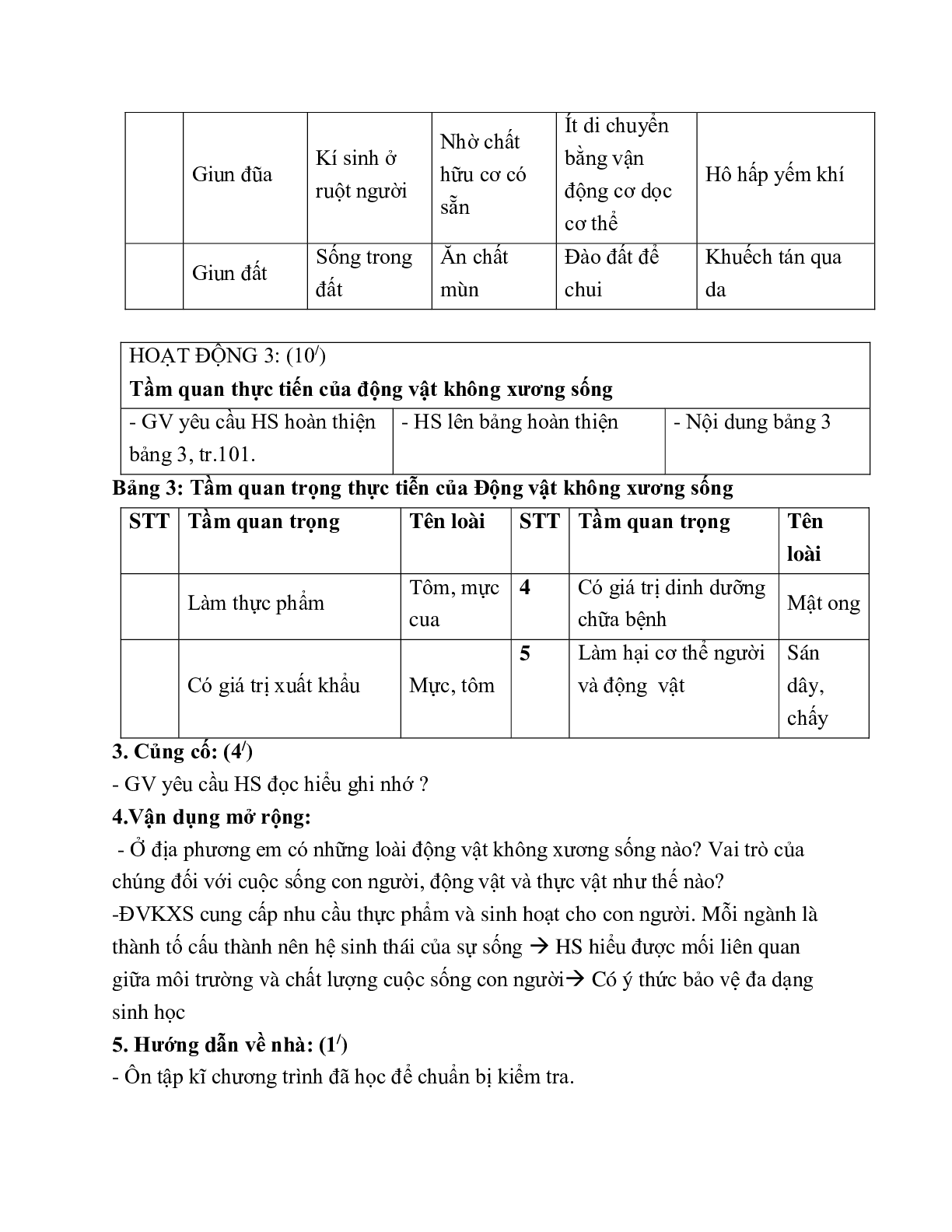 Giáo án Sinh học 7 Bài 30: Ôn tập phần I - Động vật không xương sống mới nhất (trang 4)