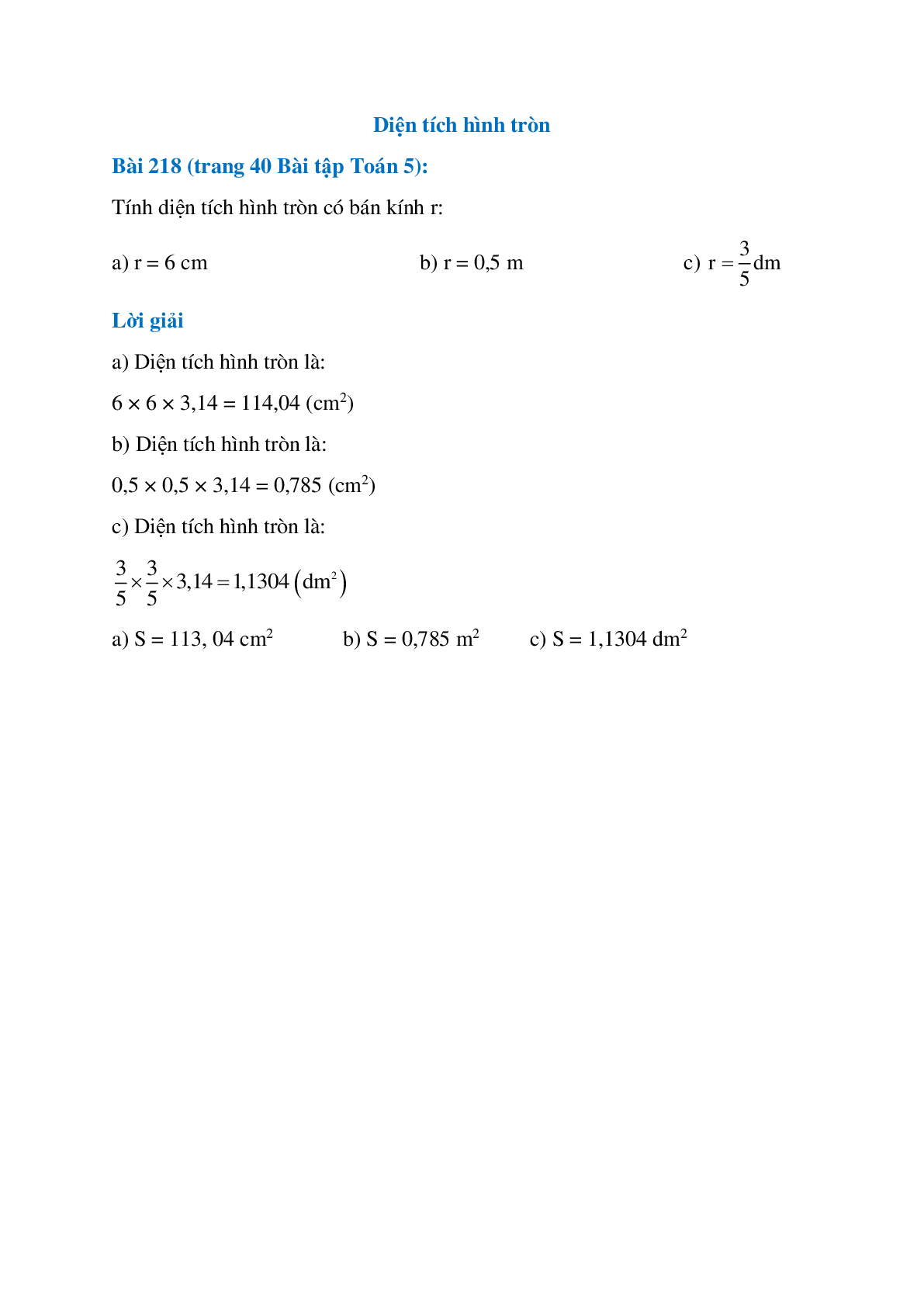 Tính diện tích hình tròn có bán kính r: r = 6 cm (trang 1)