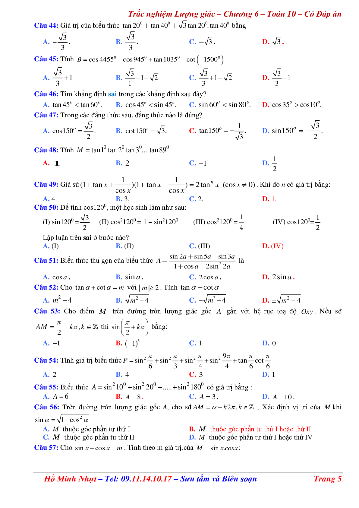 310 Bài tập trắc nghiệm công thức lượng giác có đáp án (trang 5)