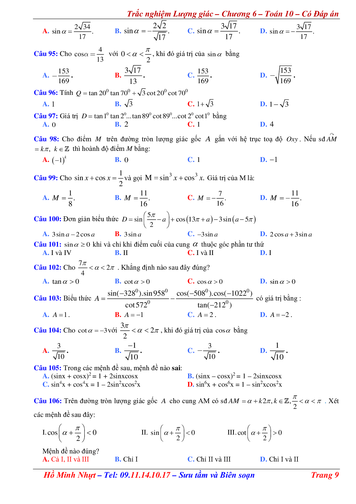 310 Bài tập trắc nghiệm công thức lượng giác có đáp án (trang 9)
