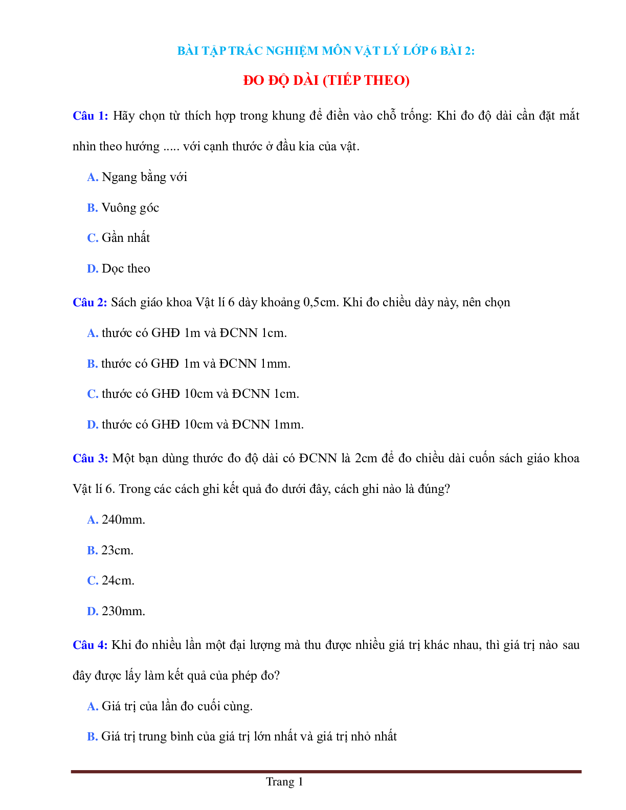 BÀI TẬP TRẮC NGHIỆM MÔN VẬT LÝ LỚP 6 BÀI 2: ĐO ĐỘ DÀI (TIẾP THEO) (trang 1)
