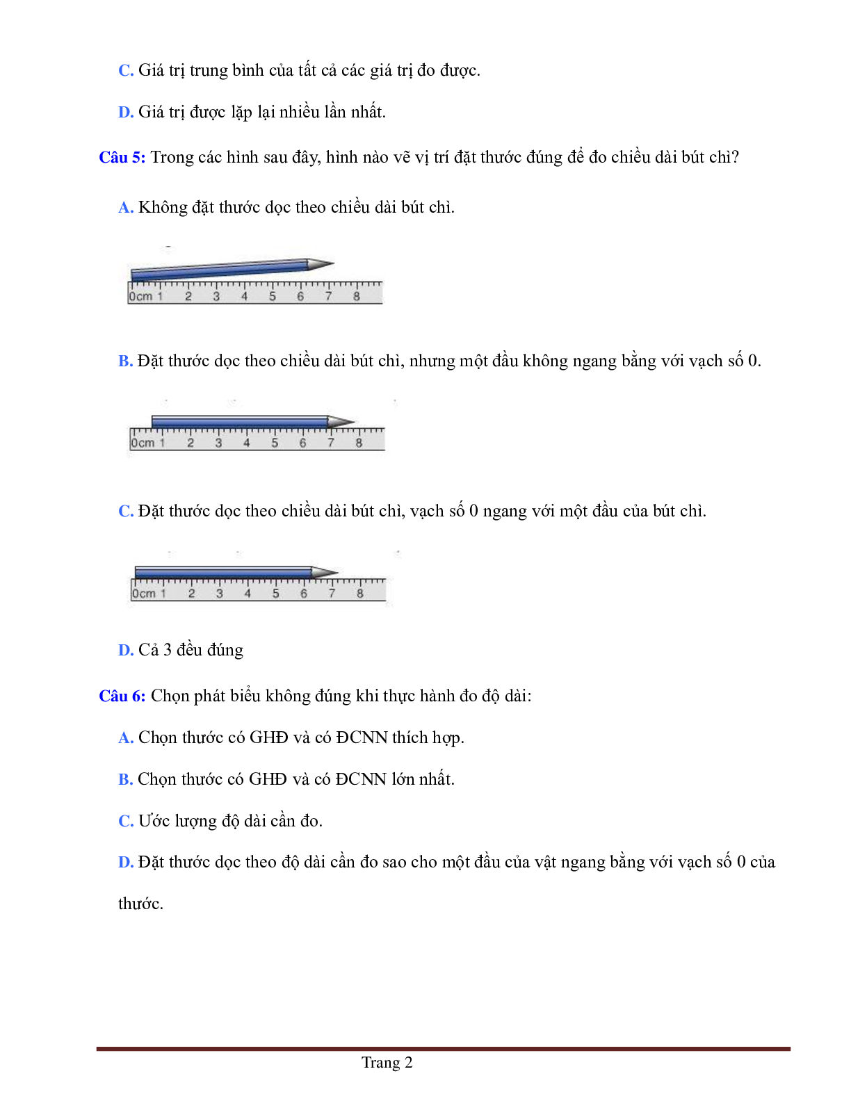 BÀI TẬP TRẮC NGHIỆM MÔN VẬT LÝ LỚP 6 BÀI 2: ĐO ĐỘ DÀI (TIẾP THEO) (trang 2)