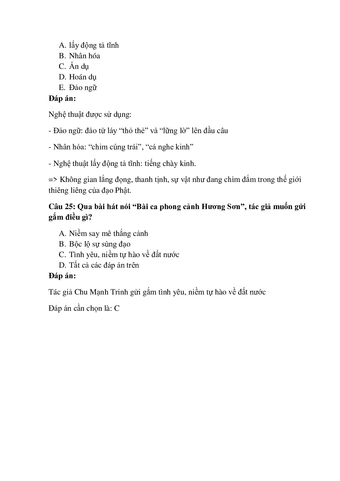 25 câu Trắc nghiệm Bài ca phong cảnh Hương Sơn có đáp án 2023 – Ngữ Văn lớp 11 (trang 10)