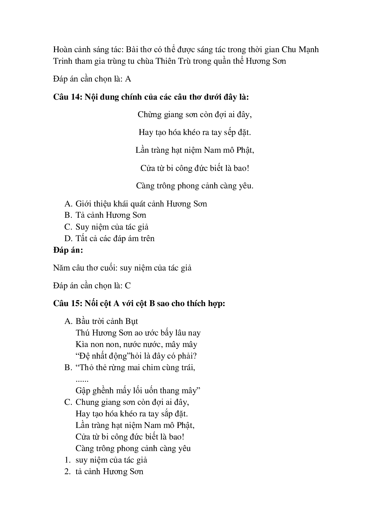 25 câu Trắc nghiệm Bài ca phong cảnh Hương Sơn có đáp án 2023 – Ngữ Văn lớp 11 (trang 5)