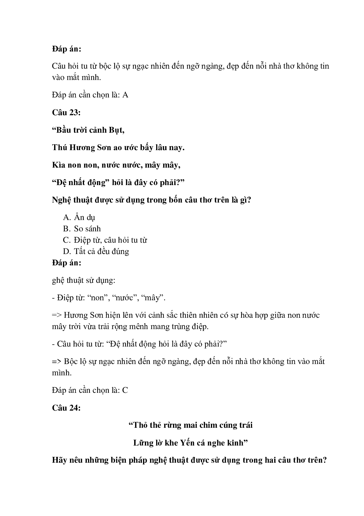 25 câu Trắc nghiệm Bài ca phong cảnh Hương Sơn có đáp án 2023 – Ngữ Văn lớp 11 (trang 9)