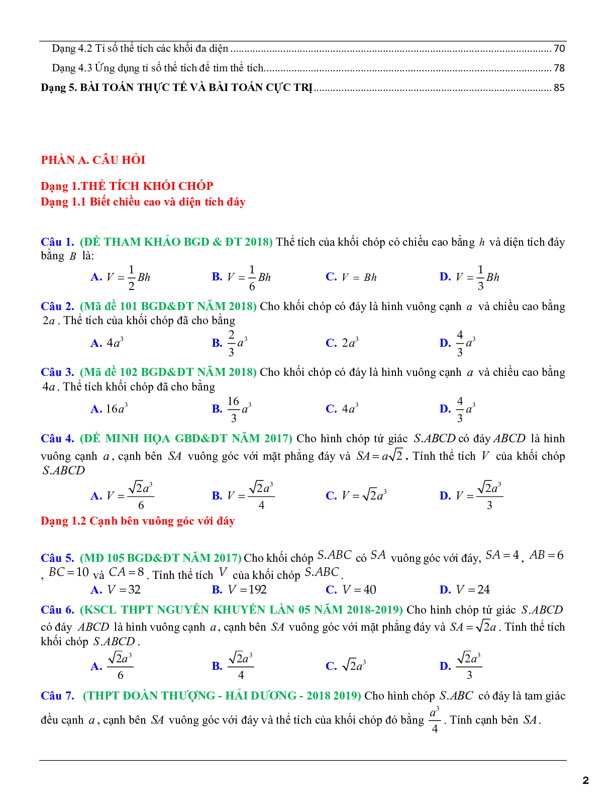 Các dạng toán thể tích khối đa diện thường gặp trong kỳ thi THPTQG (trang 2)