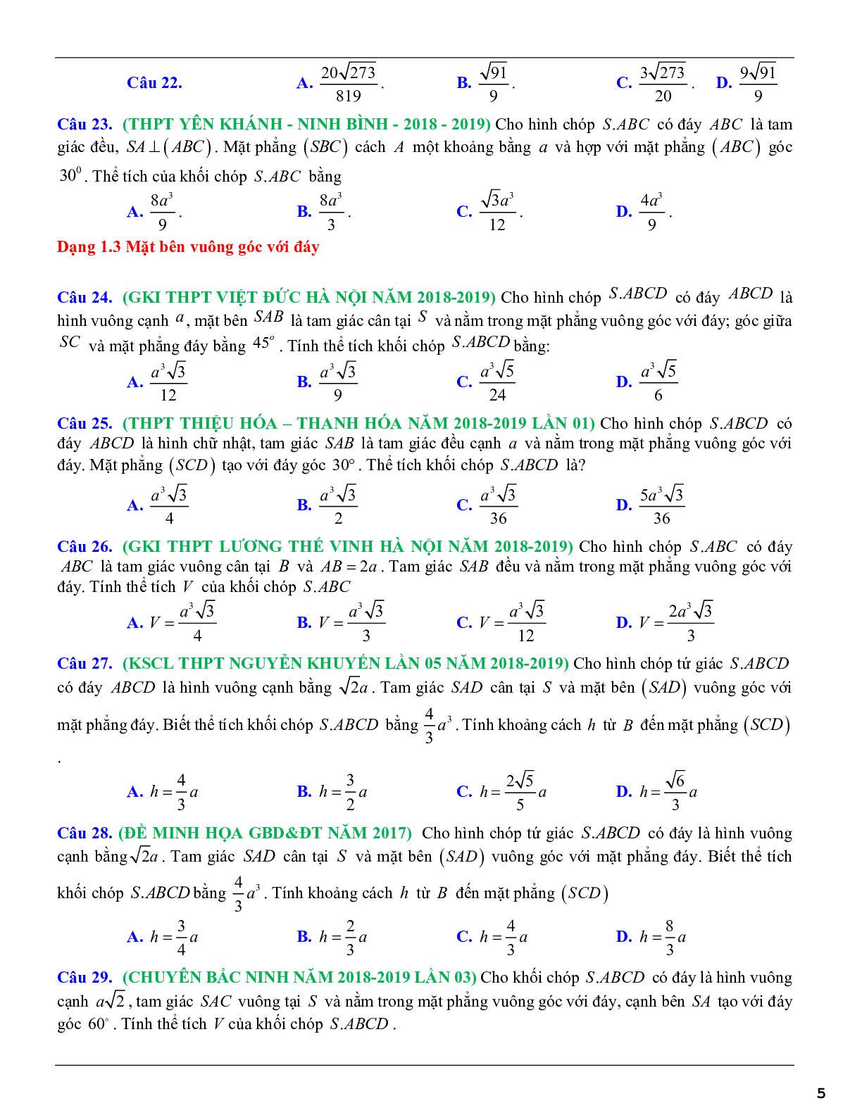 Các dạng toán thể tích khối đa diện thường gặp trong kỳ thi THPTQG (trang 5)