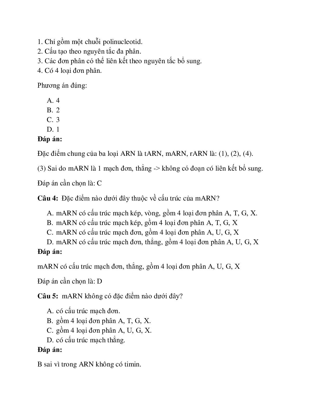 50 câu Trắc nghiệm Sinh học lớp 12 Bài 2 có đáp án 2023: ARN và quá trình phiên mã (trang 2)