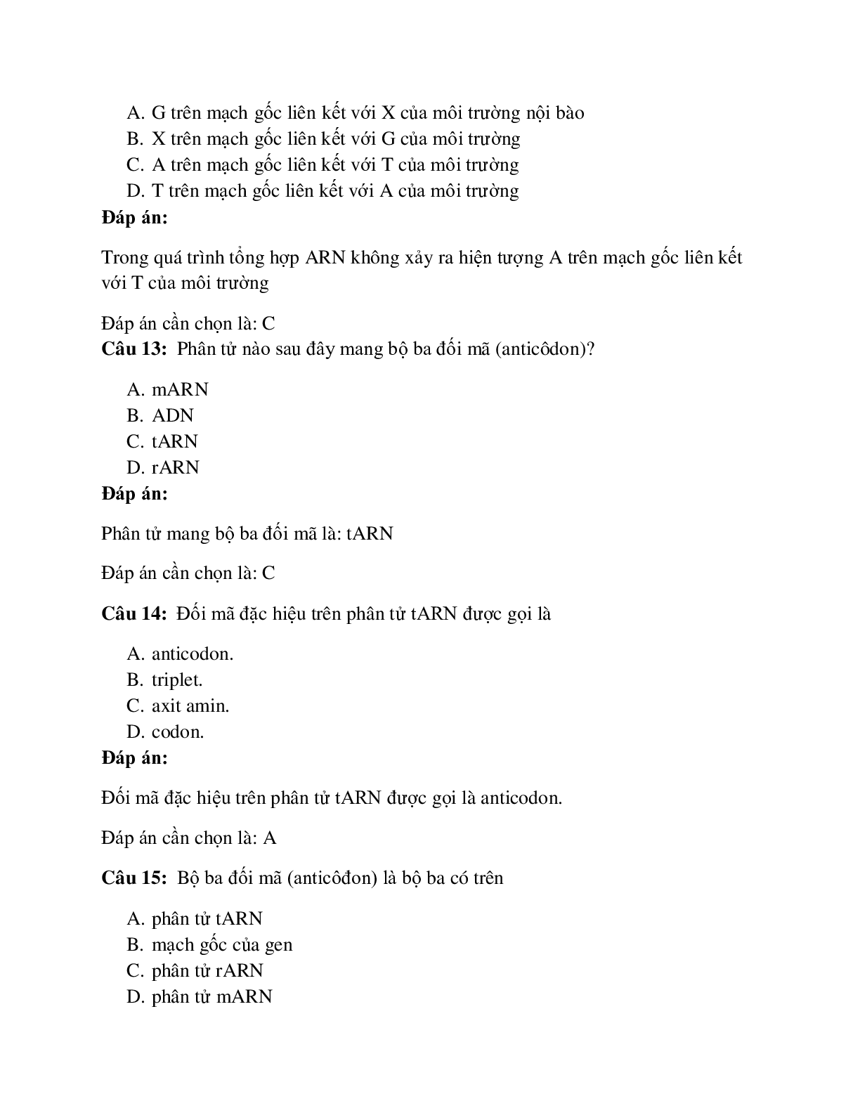 50 câu Trắc nghiệm Sinh học lớp 12 Bài 2 có đáp án 2023: ARN và quá trình phiên mã (trang 5)