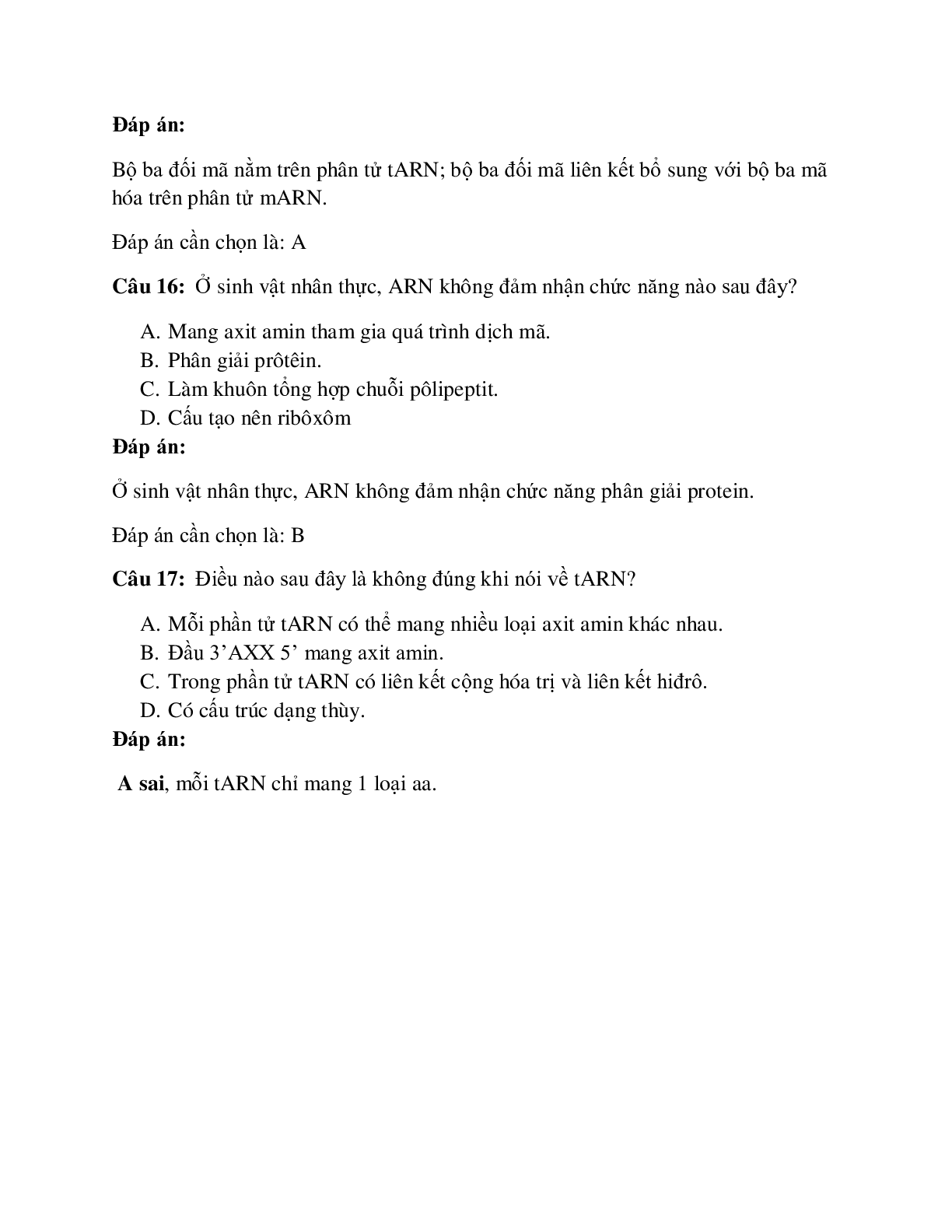 50 câu Trắc nghiệm Sinh học lớp 12 Bài 2 có đáp án 2023: ARN và quá trình phiên mã (trang 6)