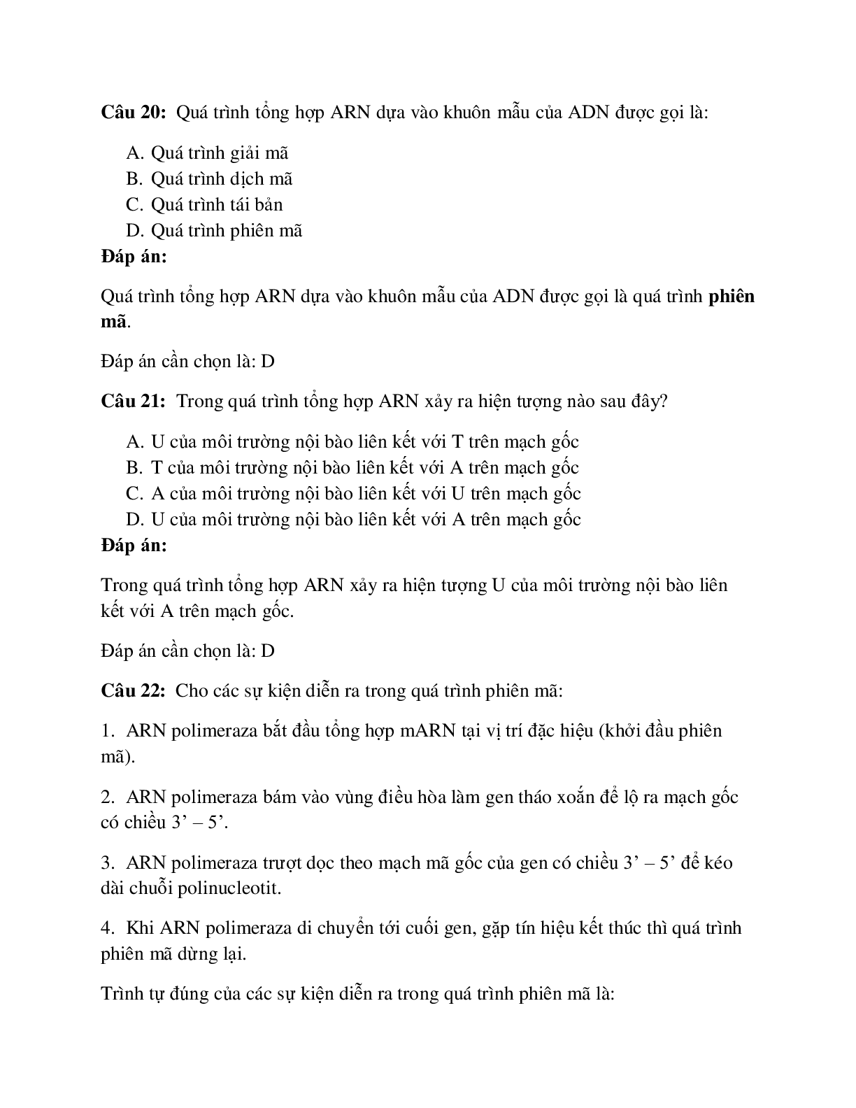 50 câu Trắc nghiệm Sinh học lớp 12 Bài 2 có đáp án 2023: ARN và quá trình phiên mã (trang 8)