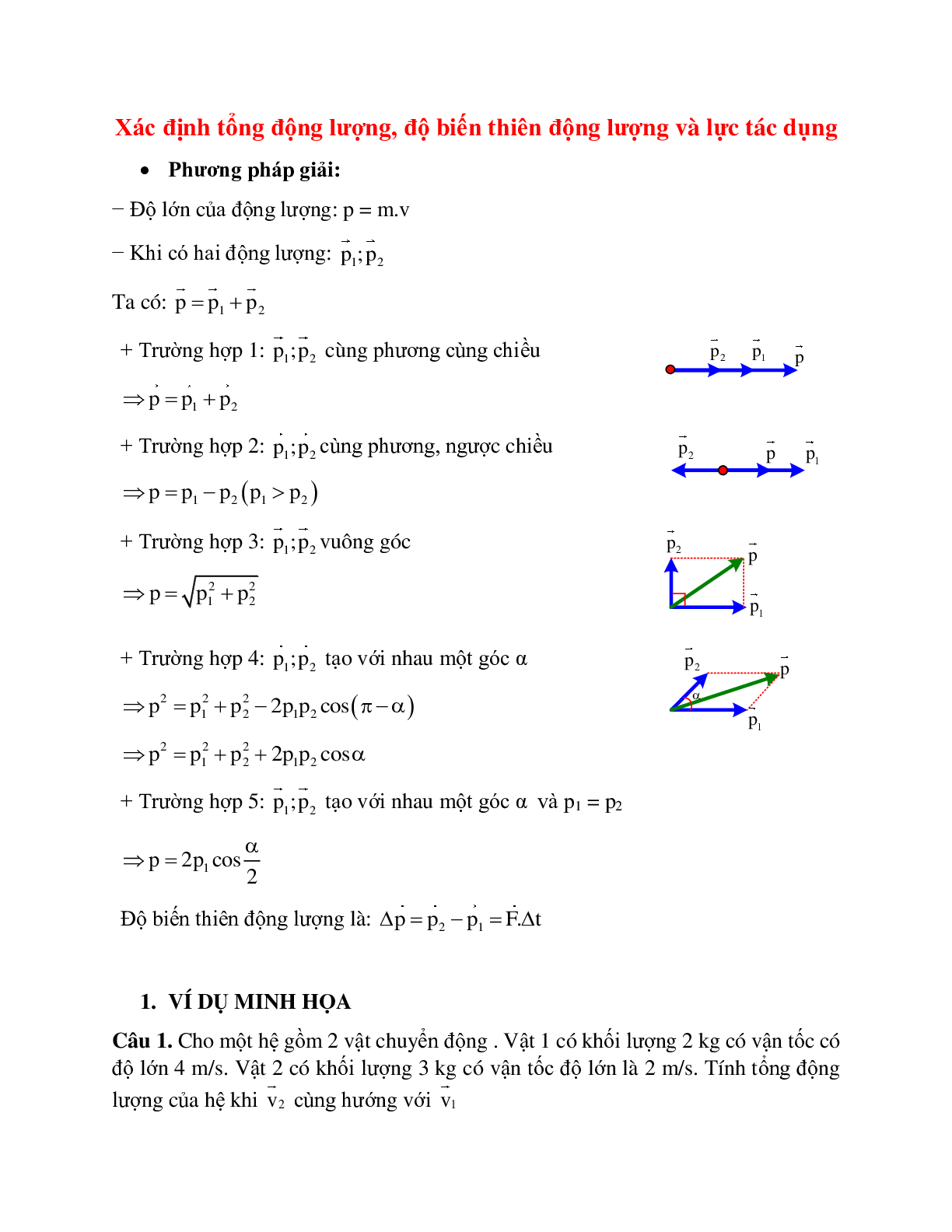 Phương pháp giải và bài tập về Xác định tổng động lượng, độ biến thiên động lượng và lực tác dụng (trang 1)
