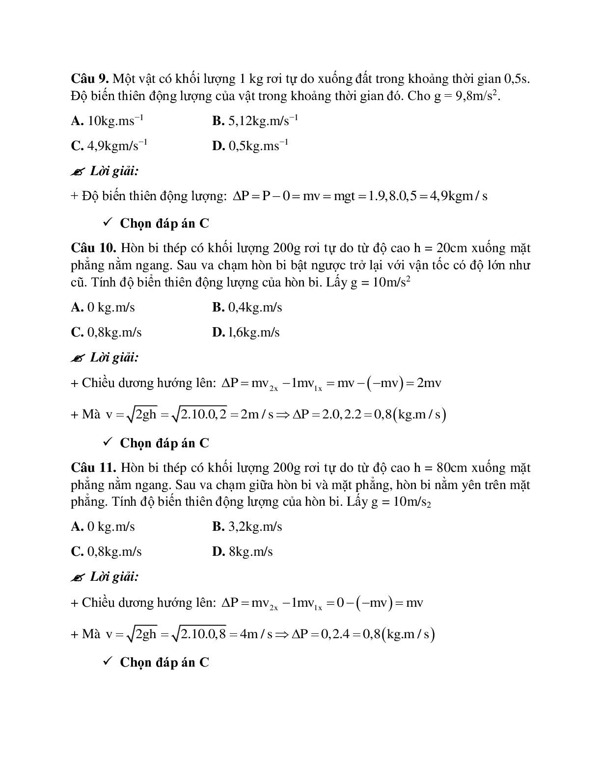 Phương pháp giải và bài tập về Xác định tổng động lượng, độ biến thiên động lượng và lực tác dụng (trang 10)