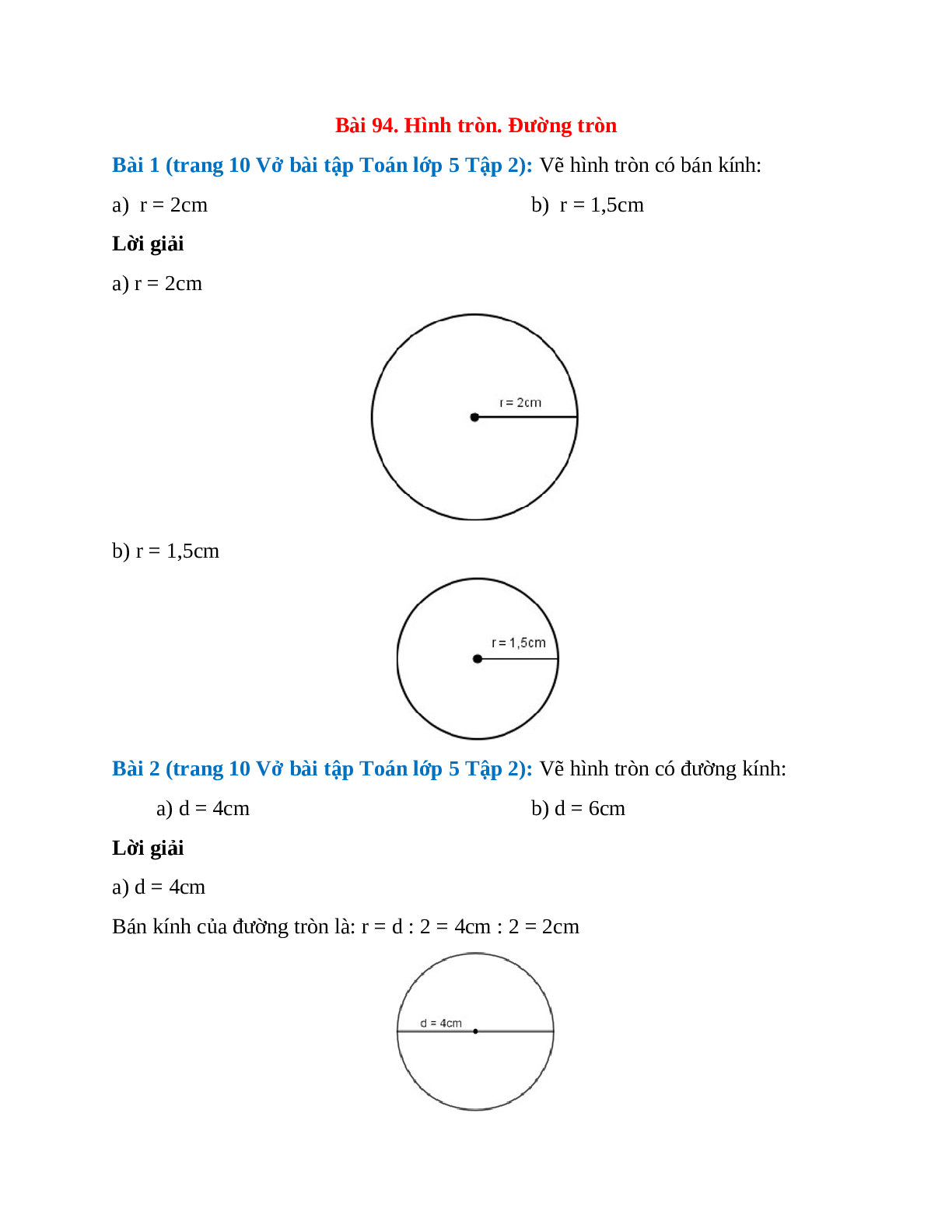 Vở bài tập Toán lớp 5 Tập 2 trang 10 Bài 94: Hình tròn. Đường tròn (trang 1)